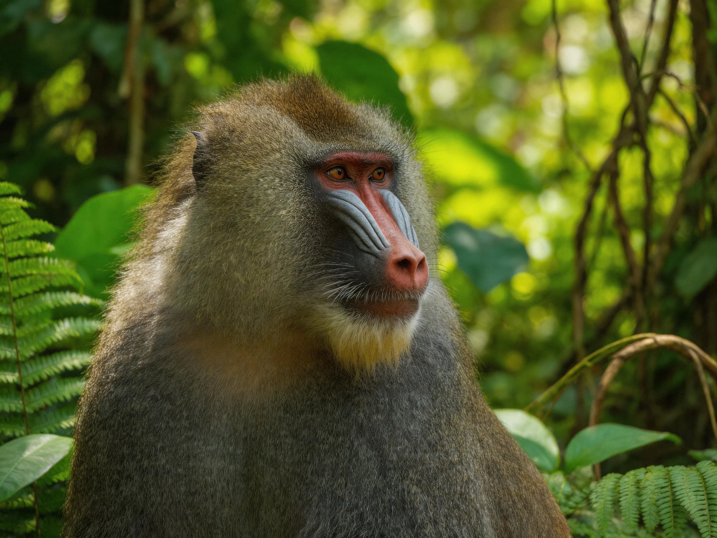 A vibrant mandrill monkey surrounded by lush greenery