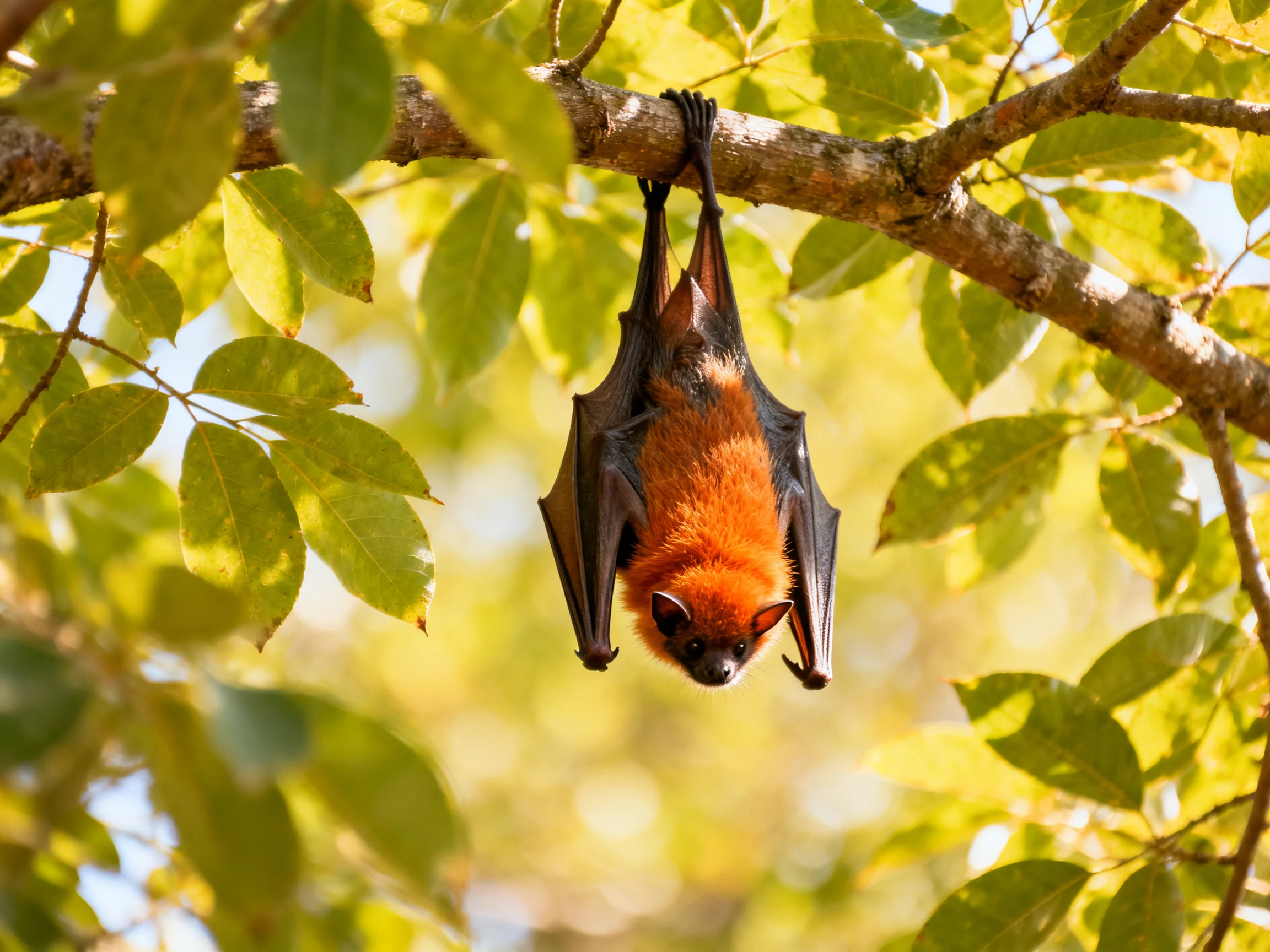 An orange bat hangs upside down from a tree branch amid green foliage.