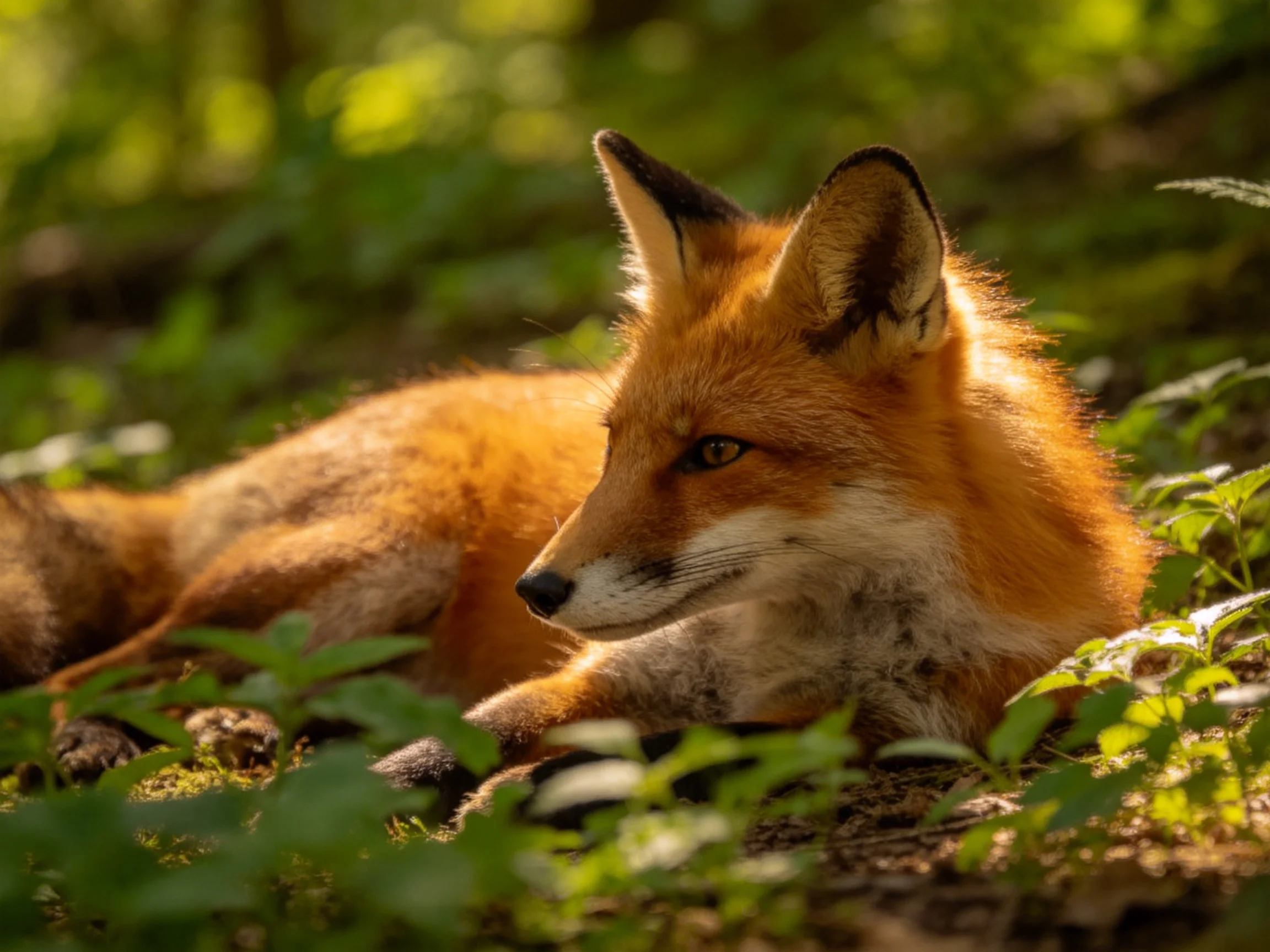 An orange fox relaxes in a sunlit, leafy forest.