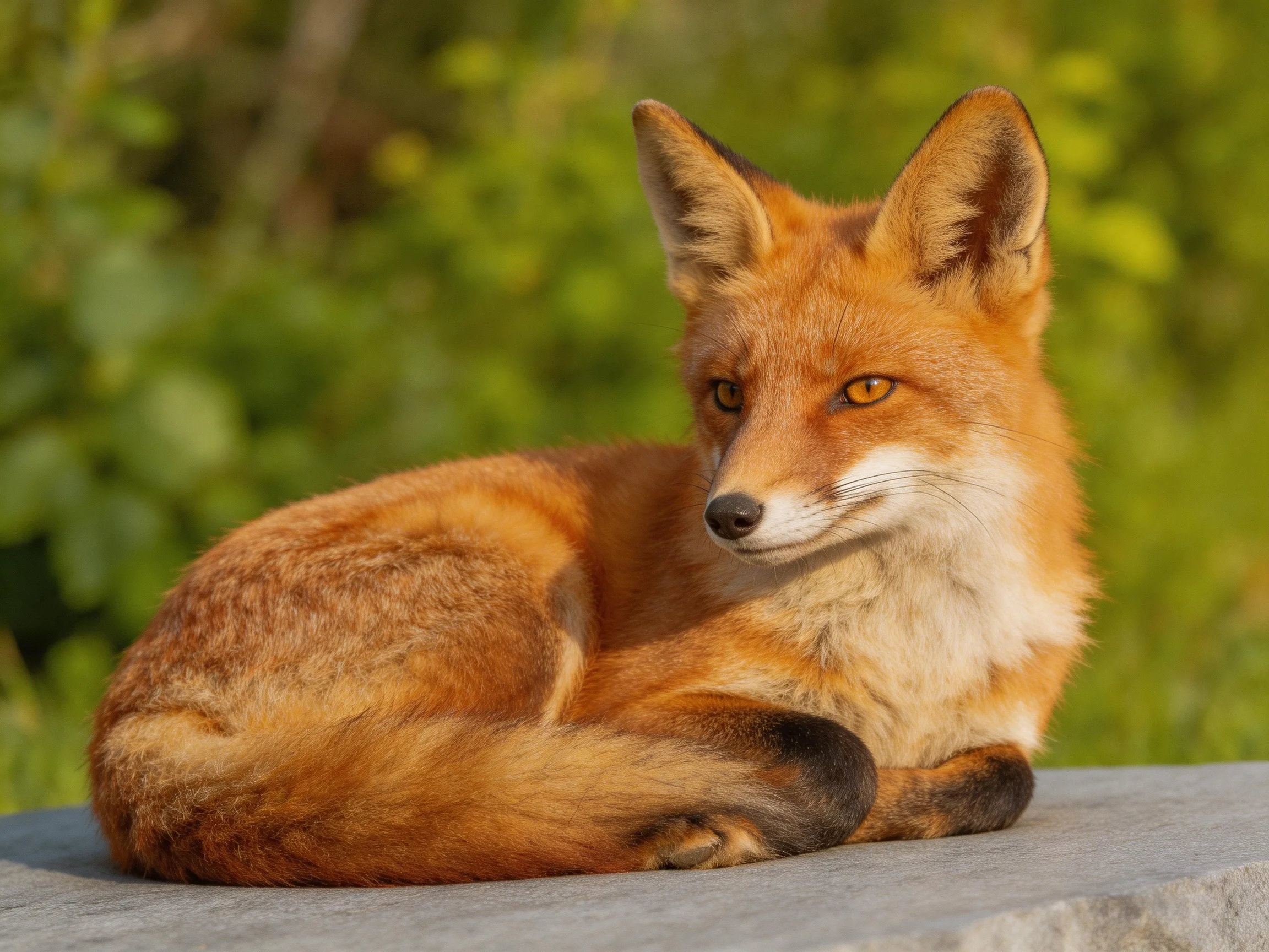 A single orange fox sits calmly on a gray stone in a verdant outdoor setting.