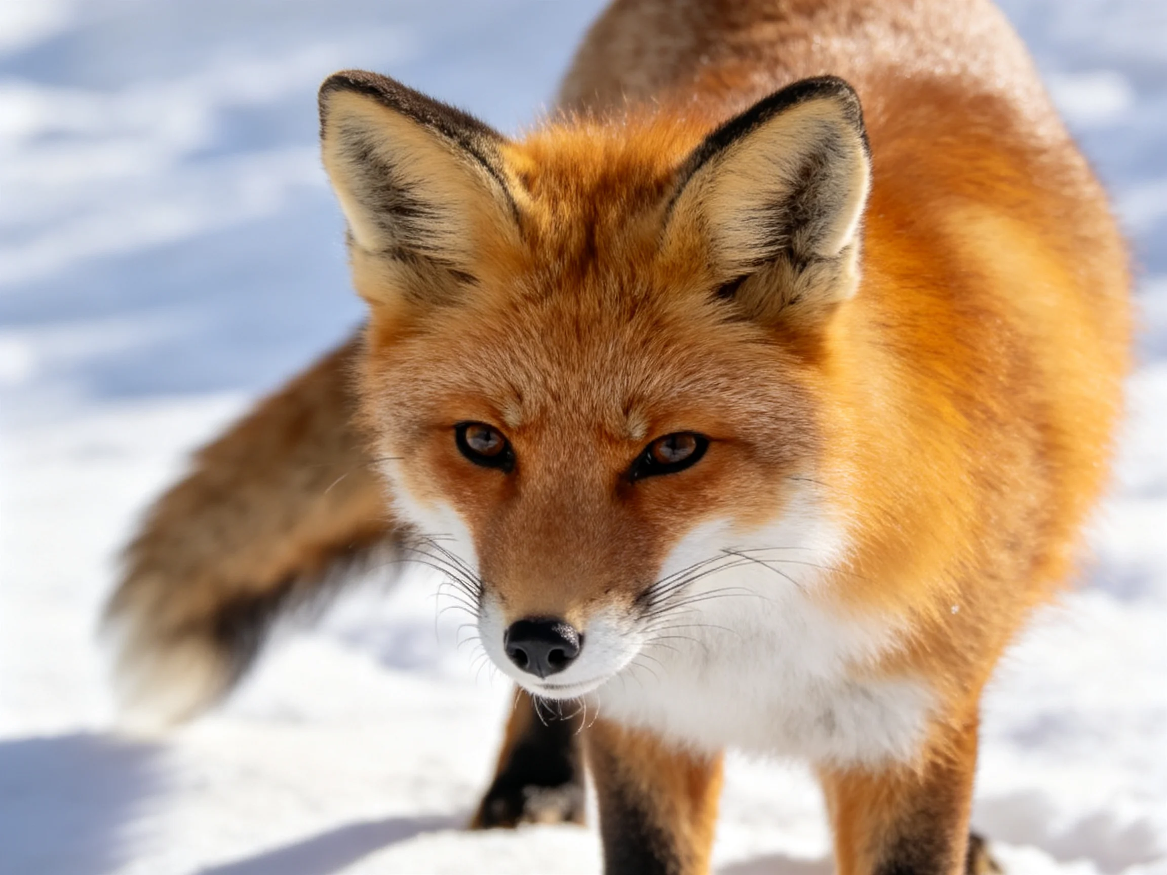 A fox with reddish-orange fur stands alertly in a snowy landscape.