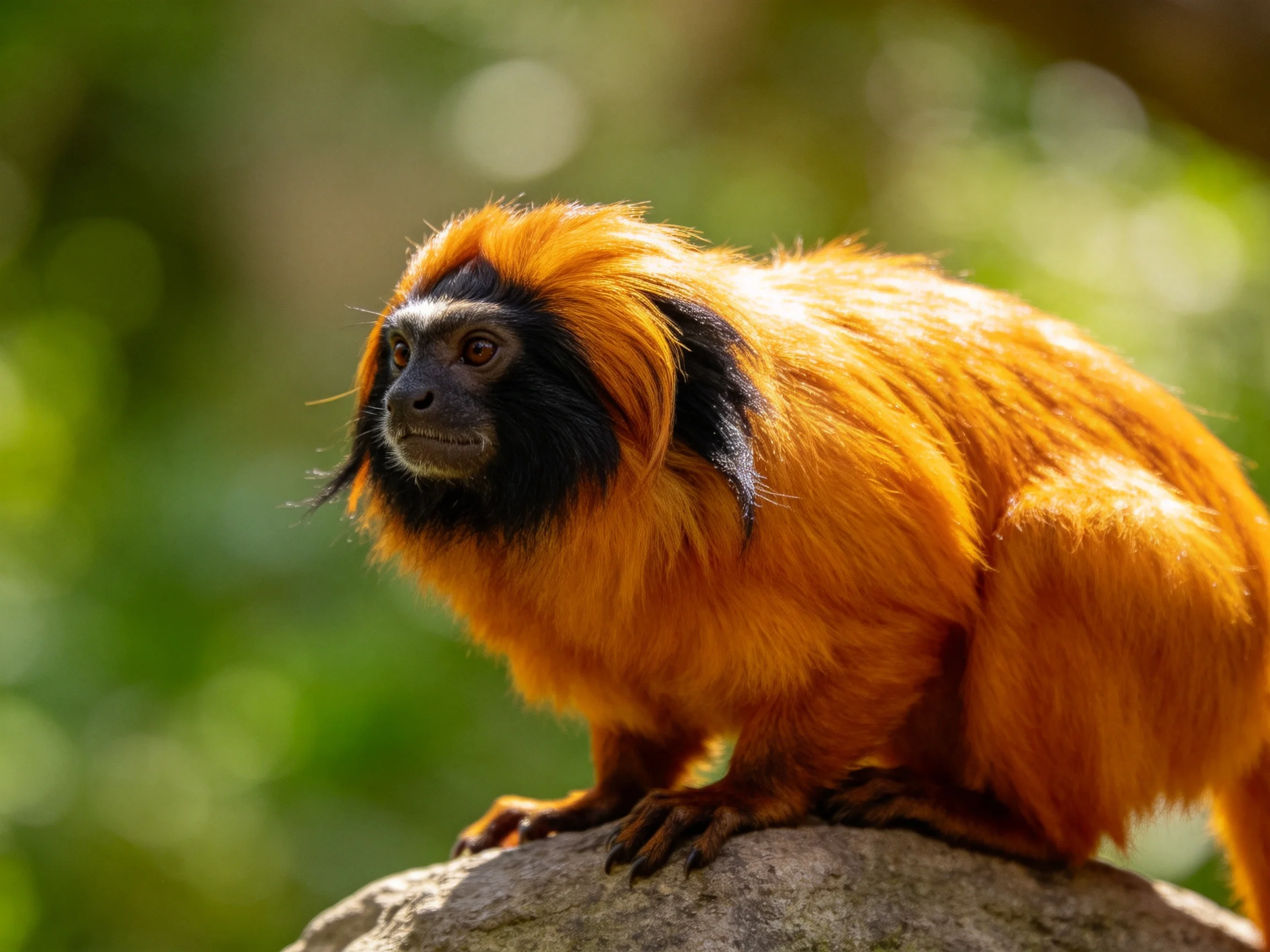 An orange monkey with black facial markings sits atop a rock in a green setting.