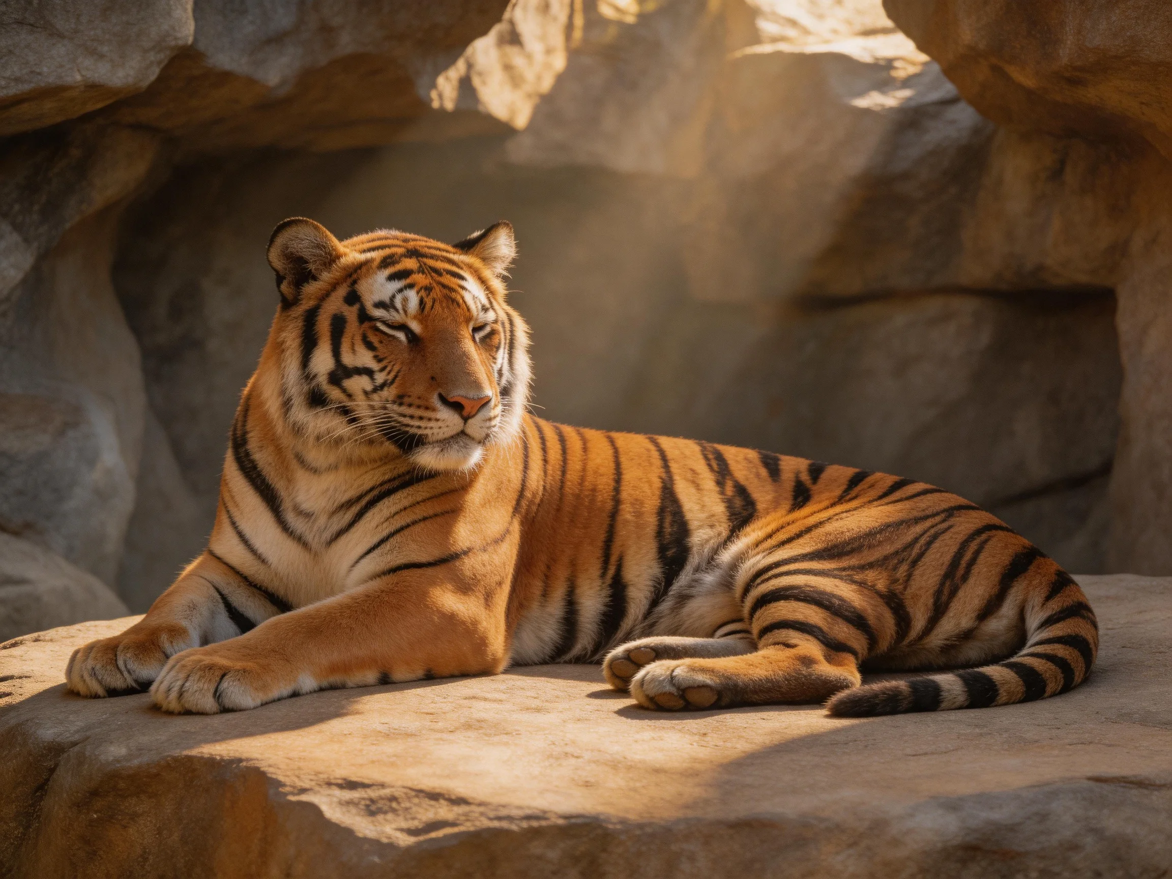 A vibrant orange tiger rests on a sunlit rocky ledge