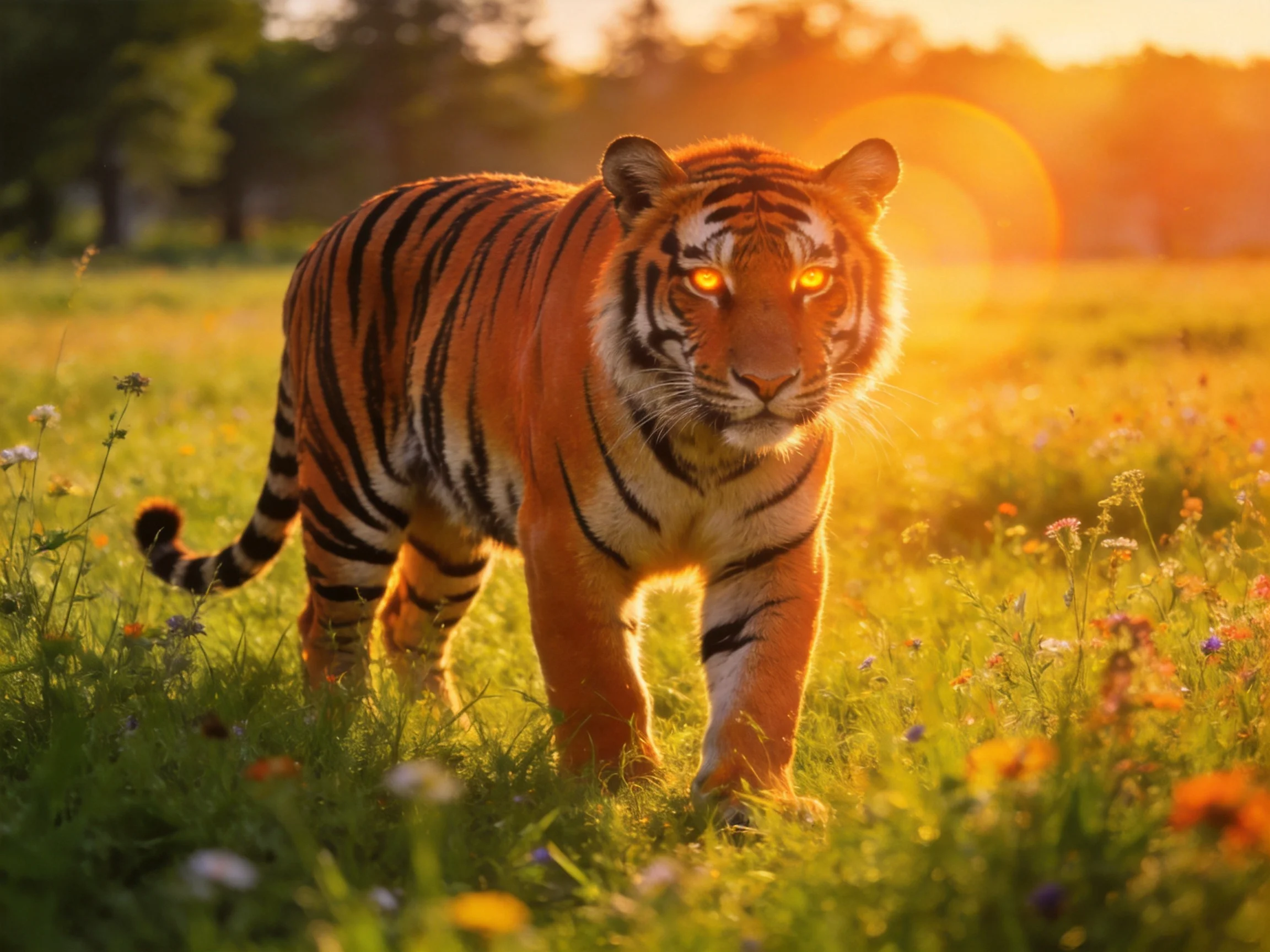 A vibrant orange tiger roams a sunlit meadow at sunset