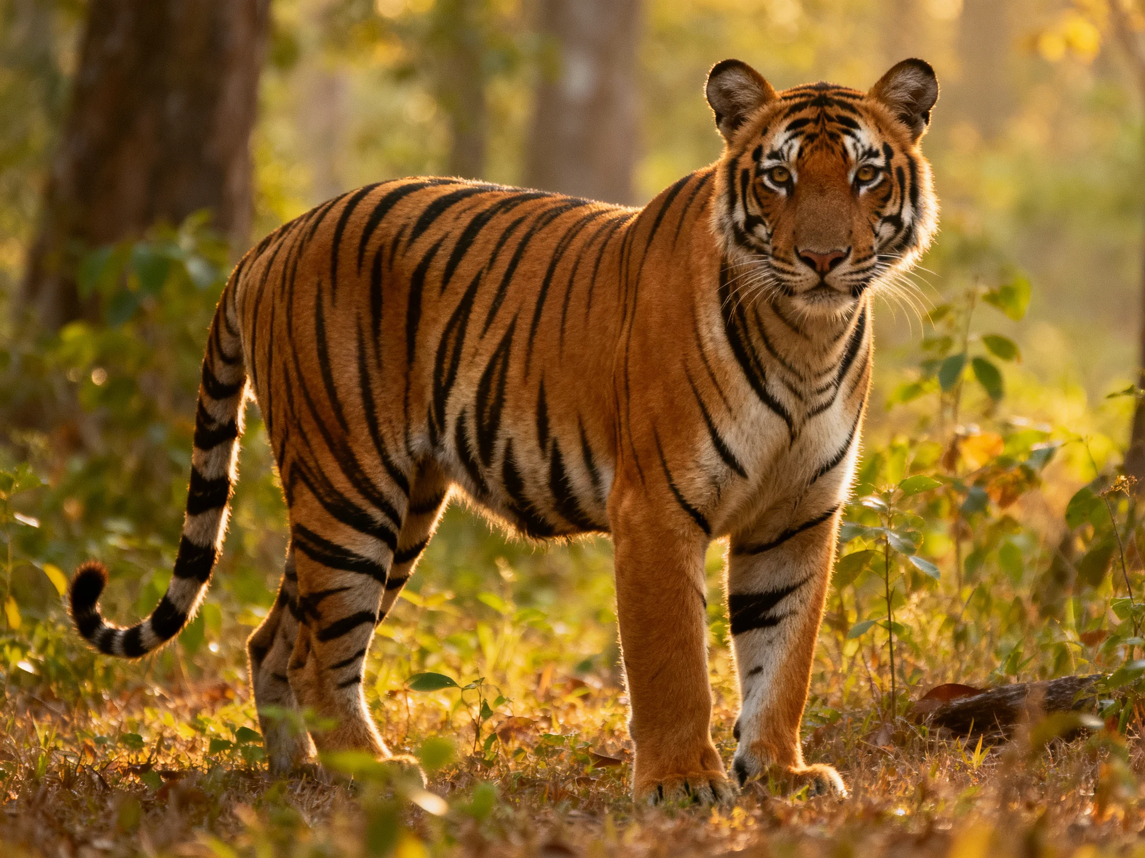 A vibrant orange tiger stands alert in a sunlit forest.