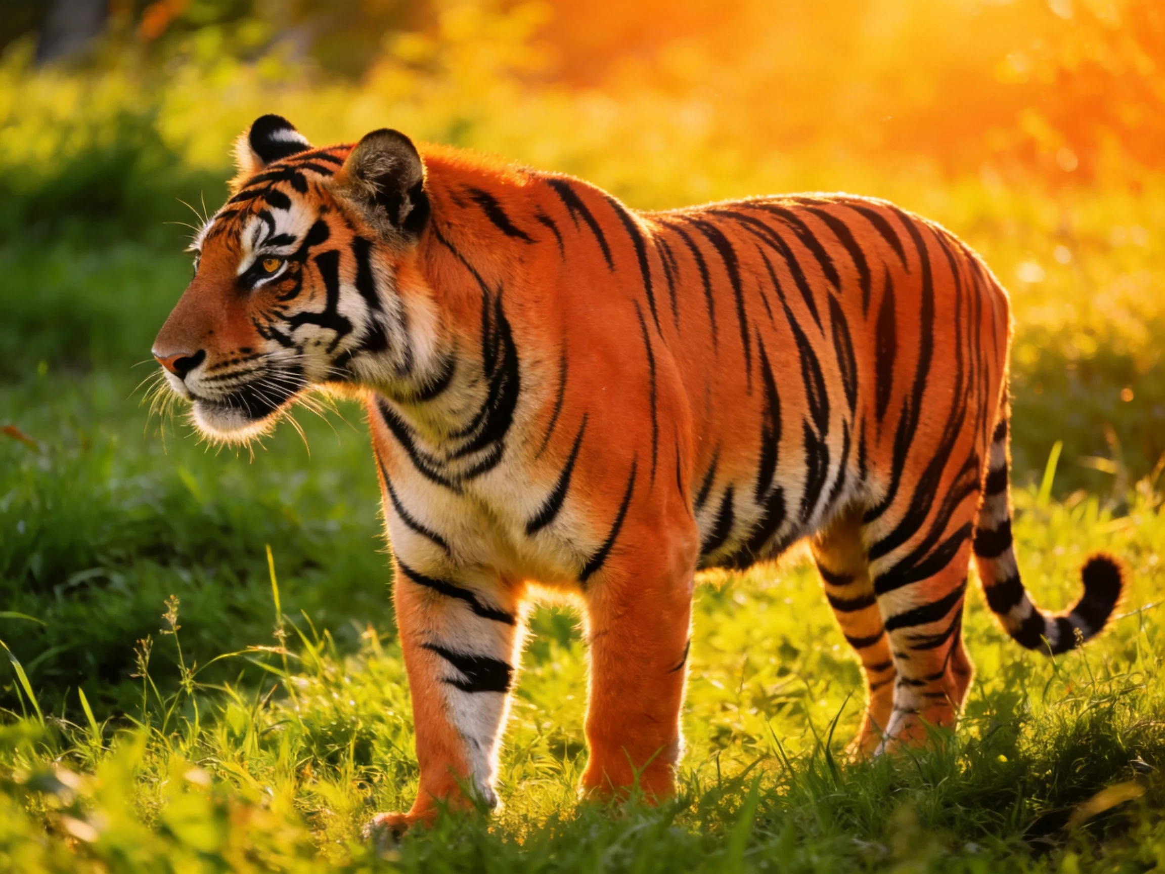 A vibrant orange tiger stands amid lush green grass under golden sunlight