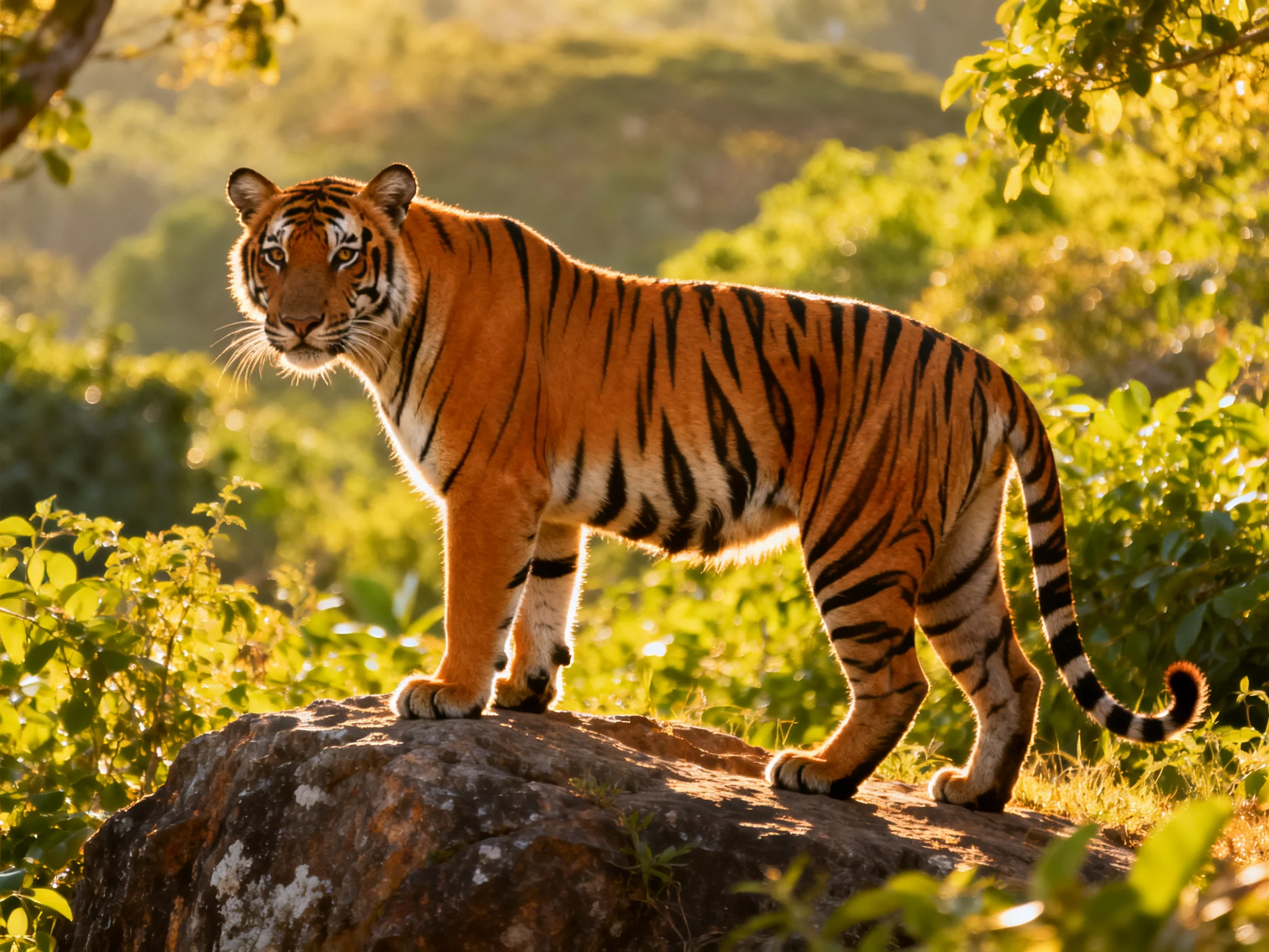An orange tiger stands alert on a rock surrounded by dense green foliage.