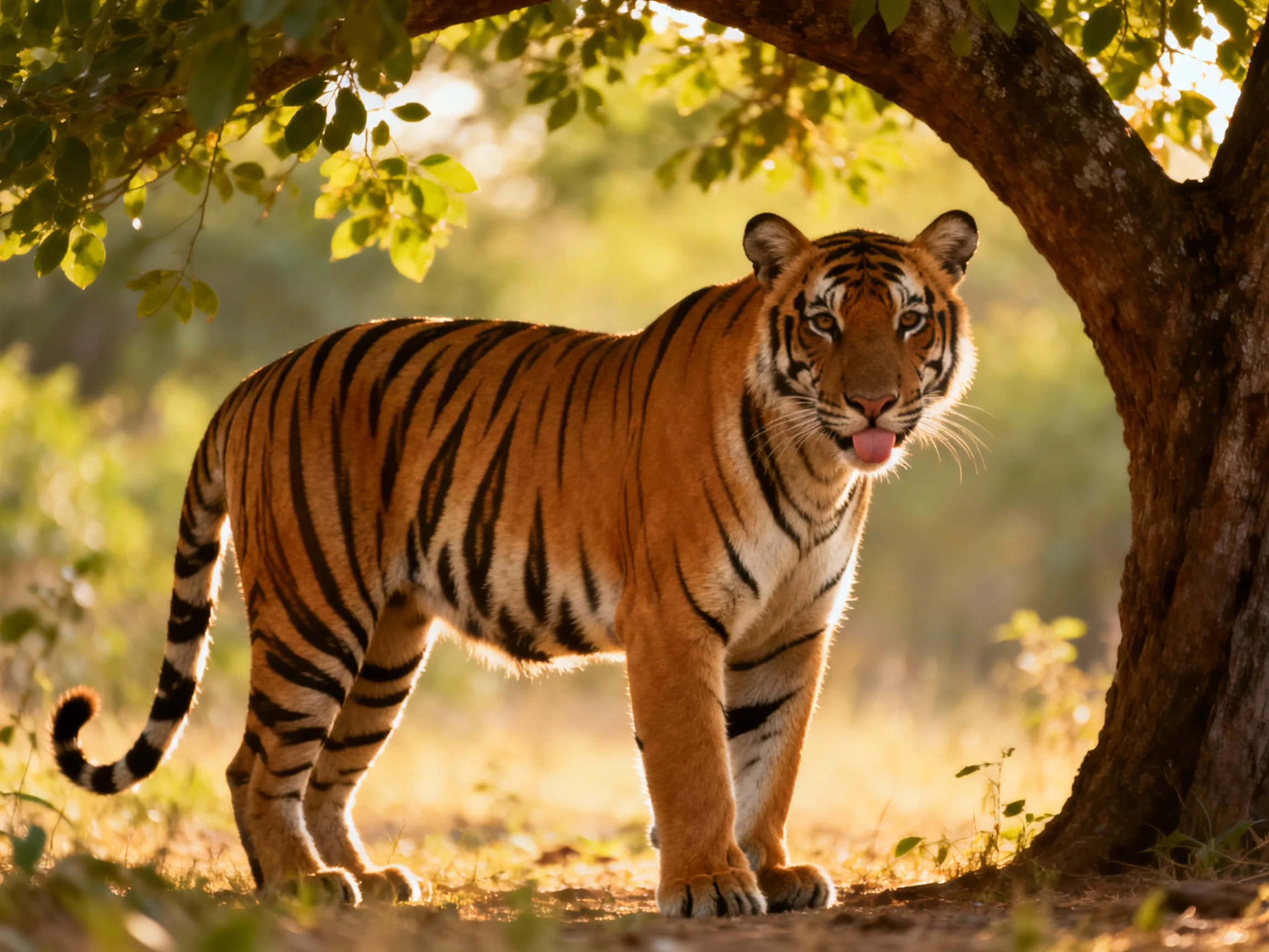 An orange tiger stands near a large tree in a sunlit forest