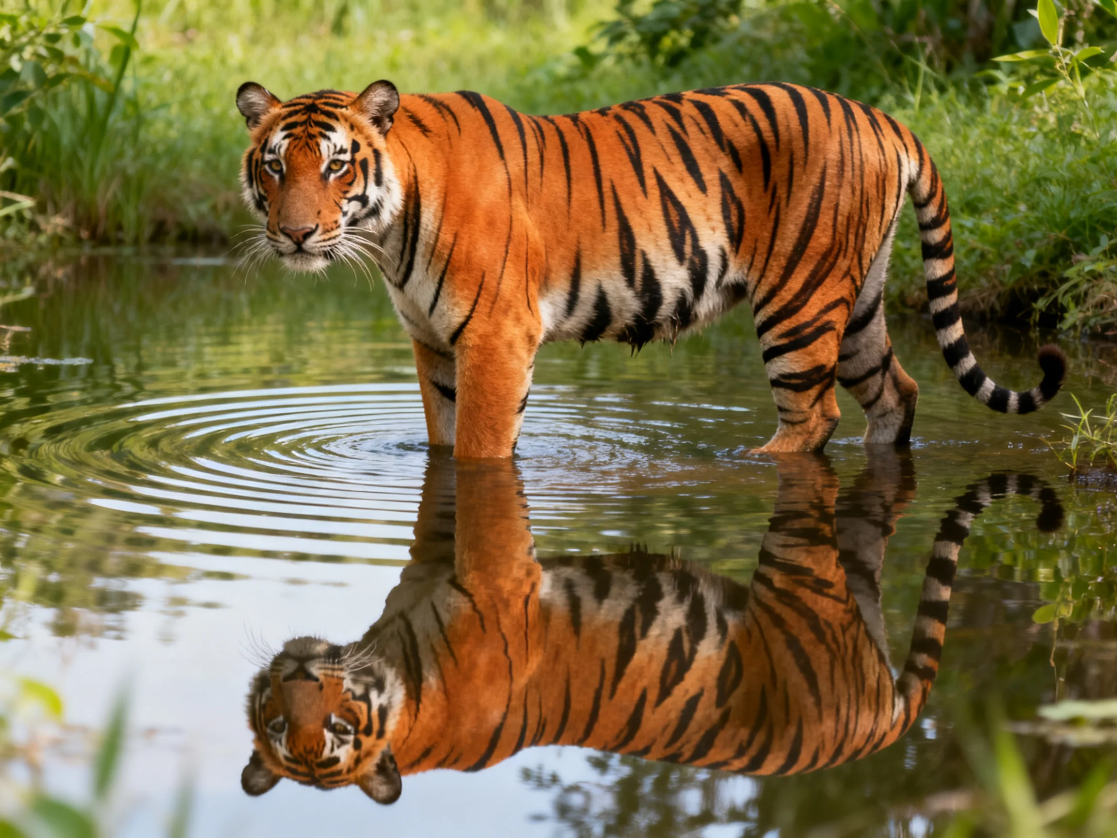 An orange tiger stands in shallow water, its reflection mirrored perfectly below.