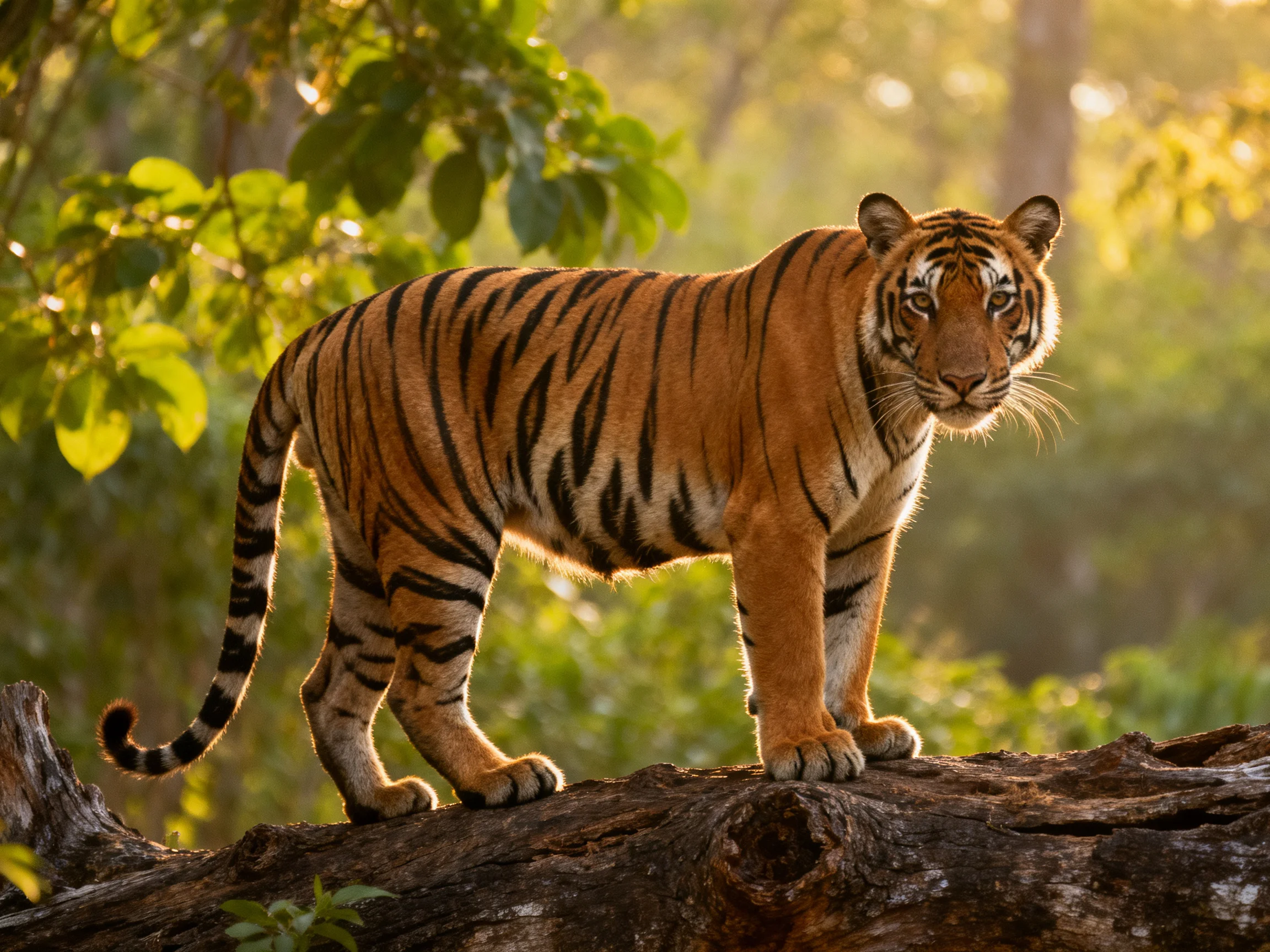 An orange tiger stands on a log in a sun-dappled forest
