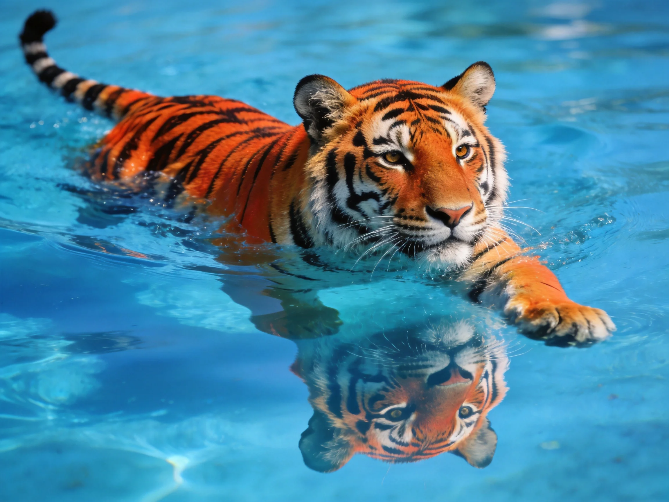 A vibrant orange tiger swims in clear blue water with a distinct reflection