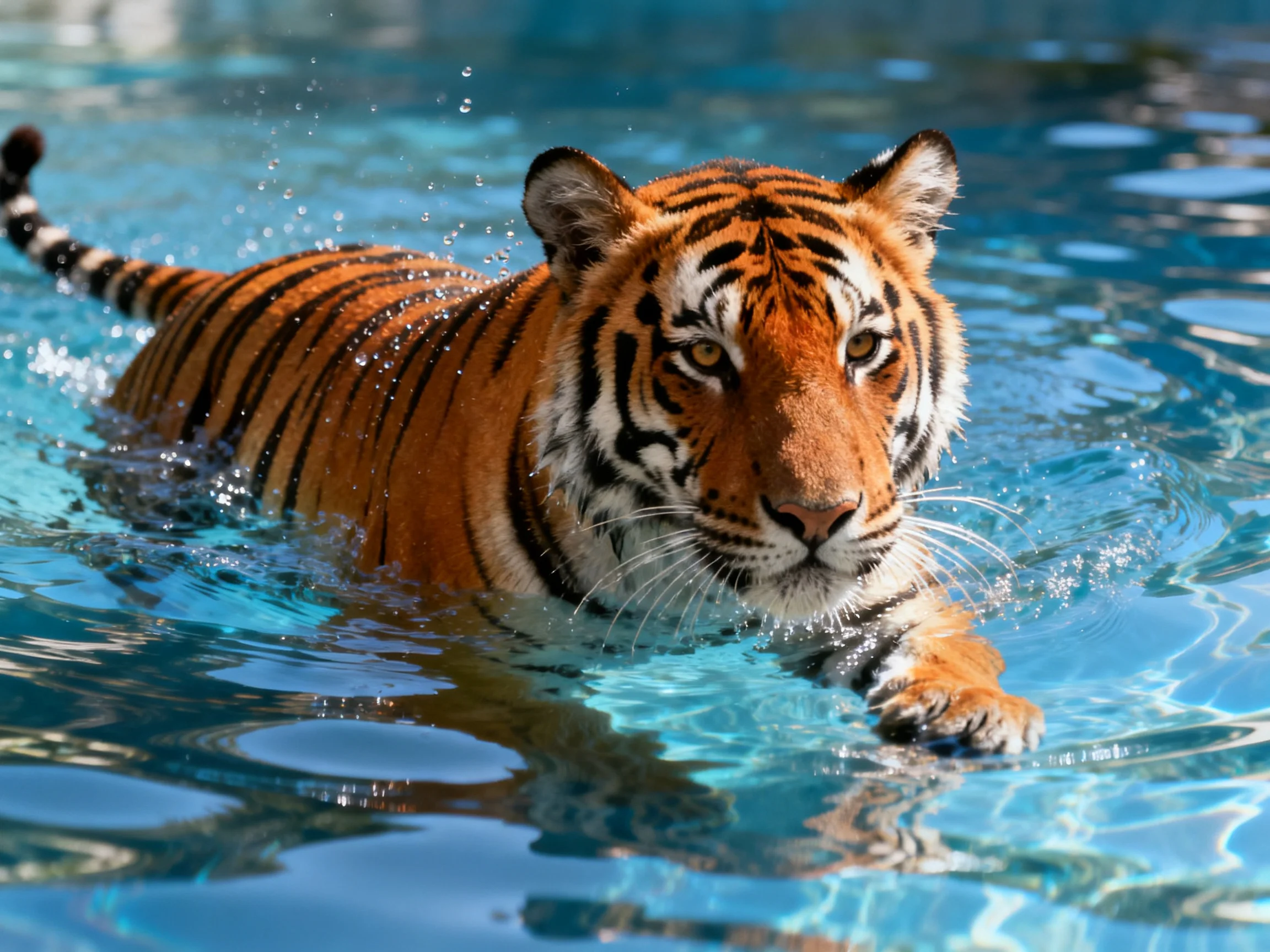 An orange tiger swims through clear blue water.