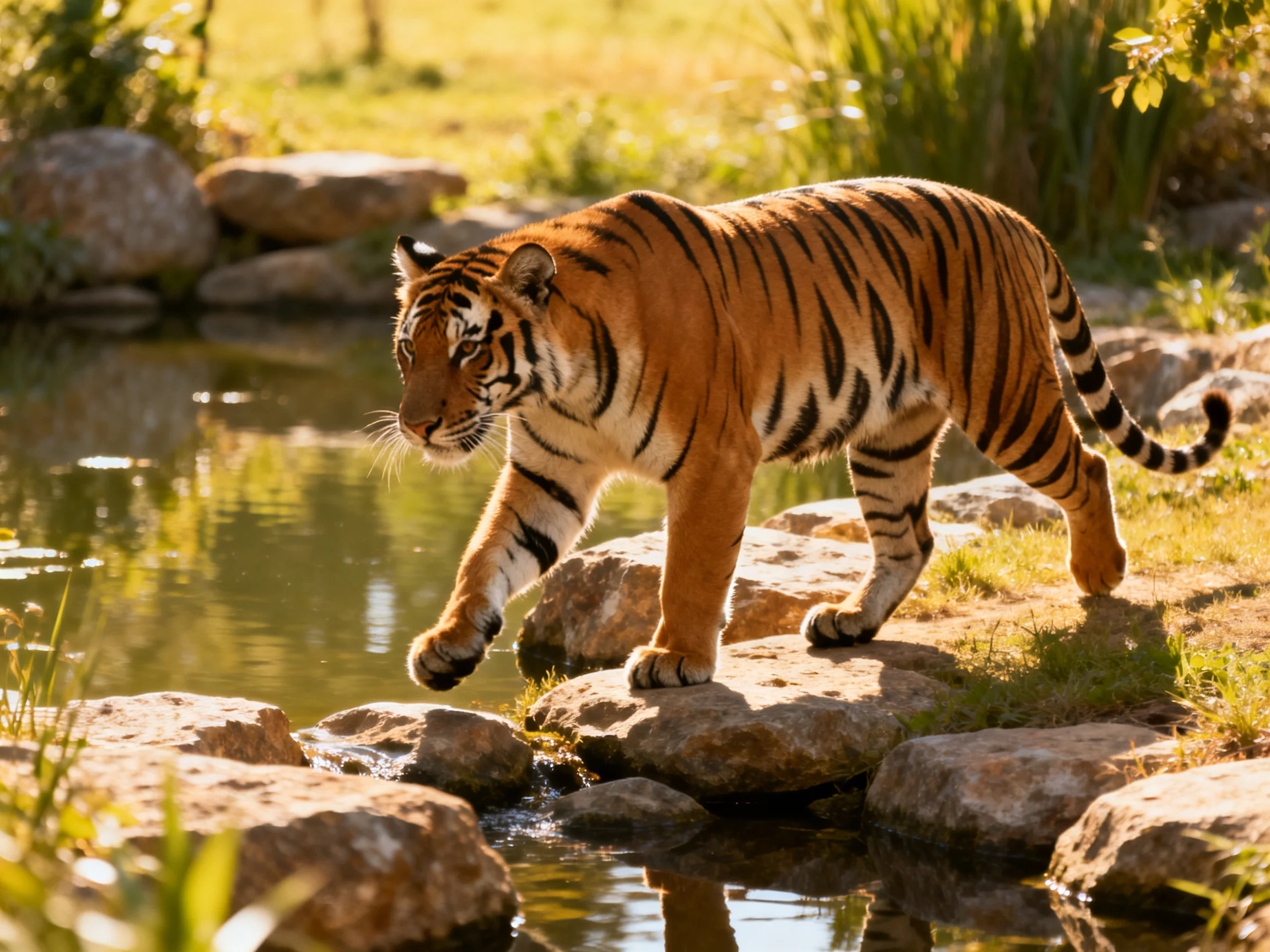 A vibrant orange tiger walks across rocks near a calm pond
