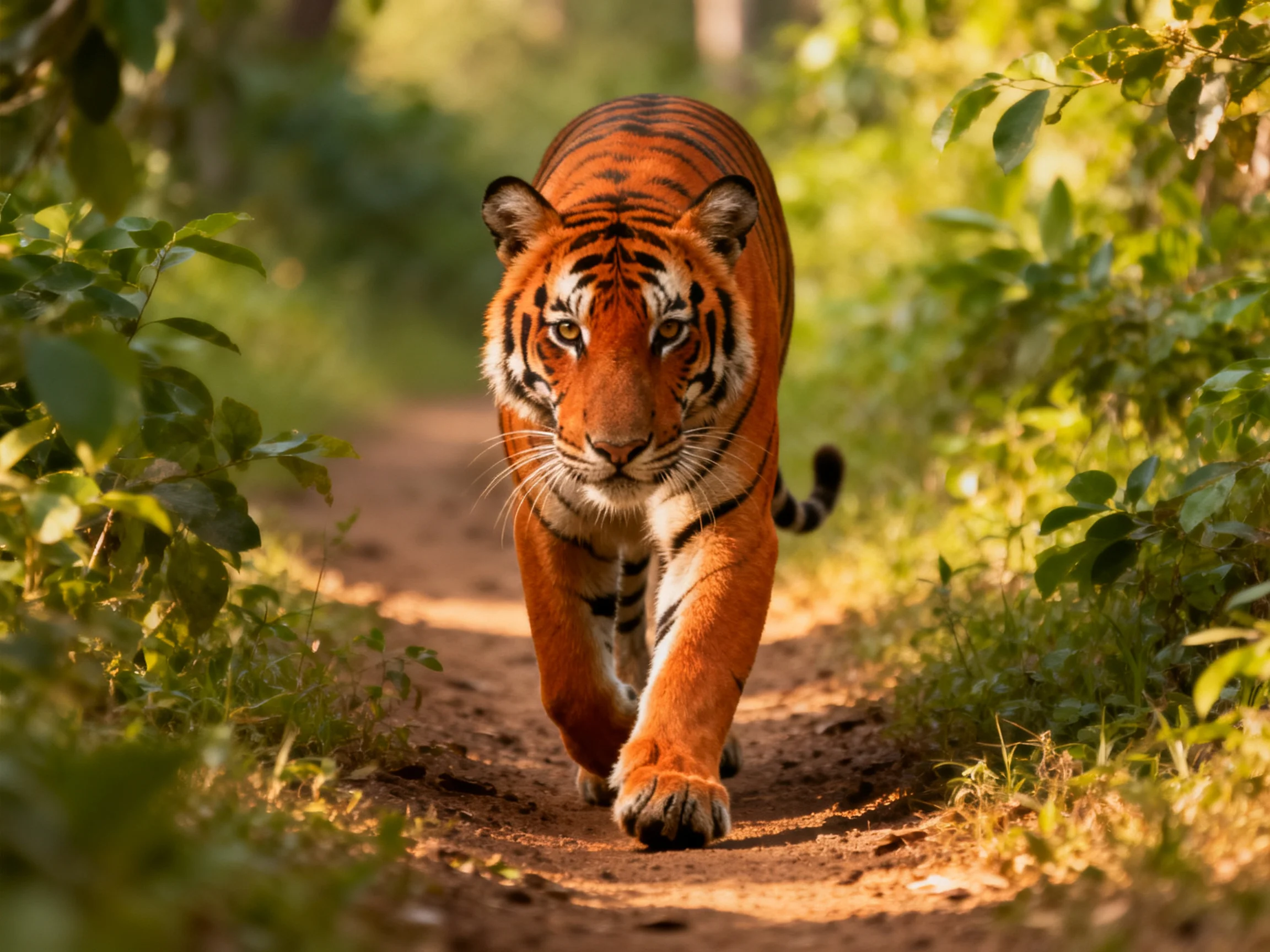 A vibrant orange tiger walks along a sunlit forest path
