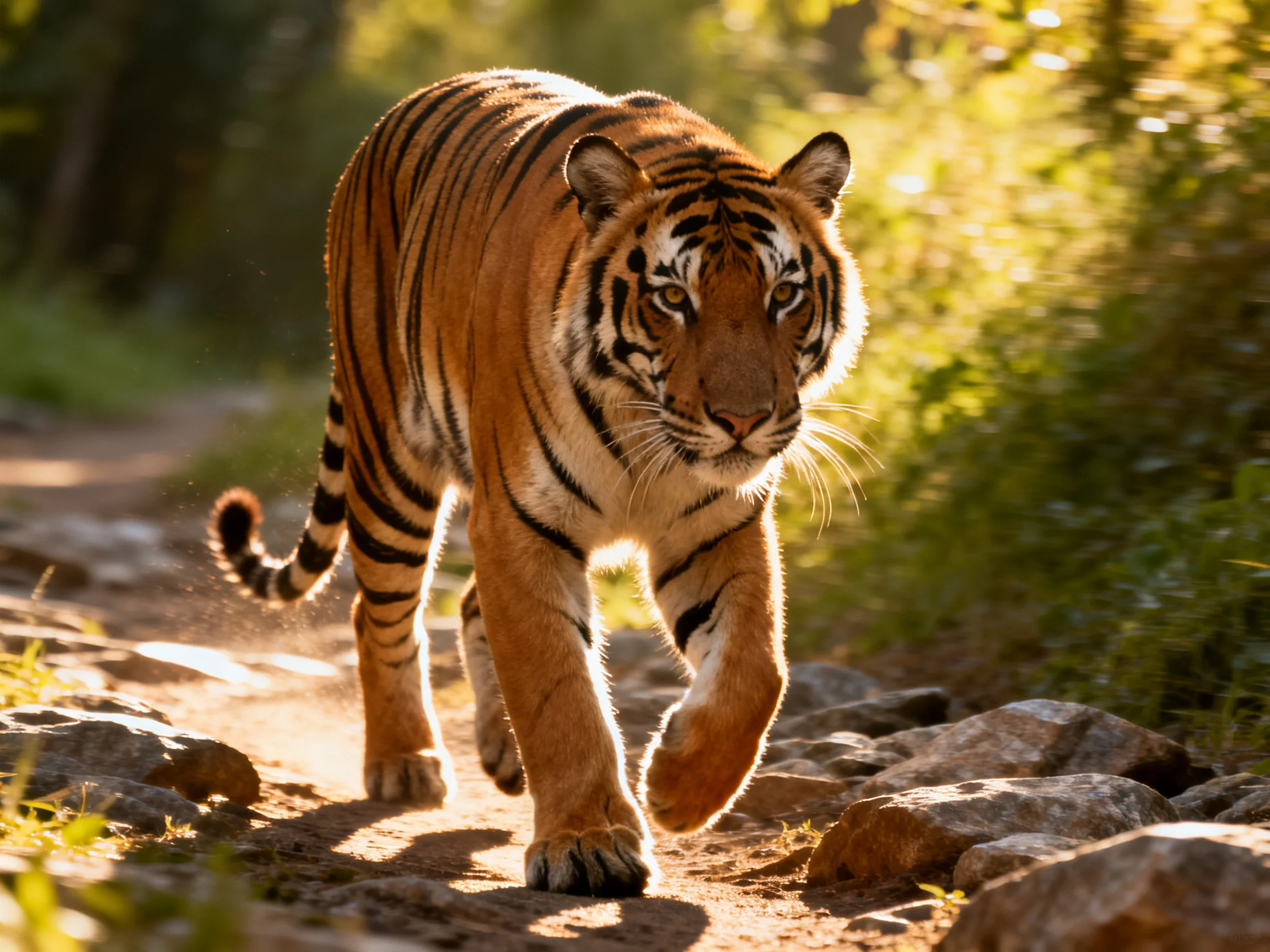 An orange tiger confidently traverses a sunlit rocky forest path.