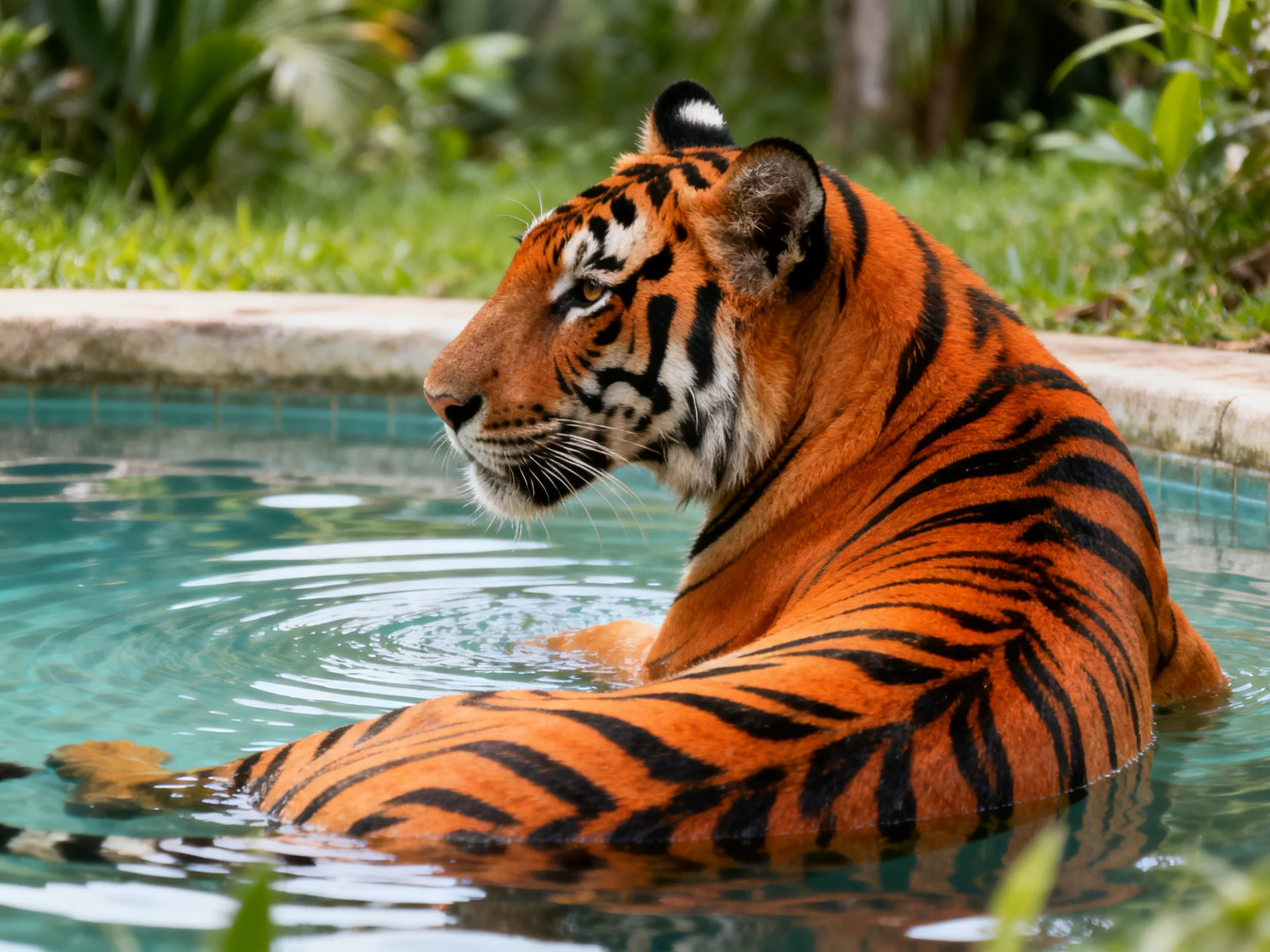 An orange tiger with black stripes relaxes in a pool near greenery.