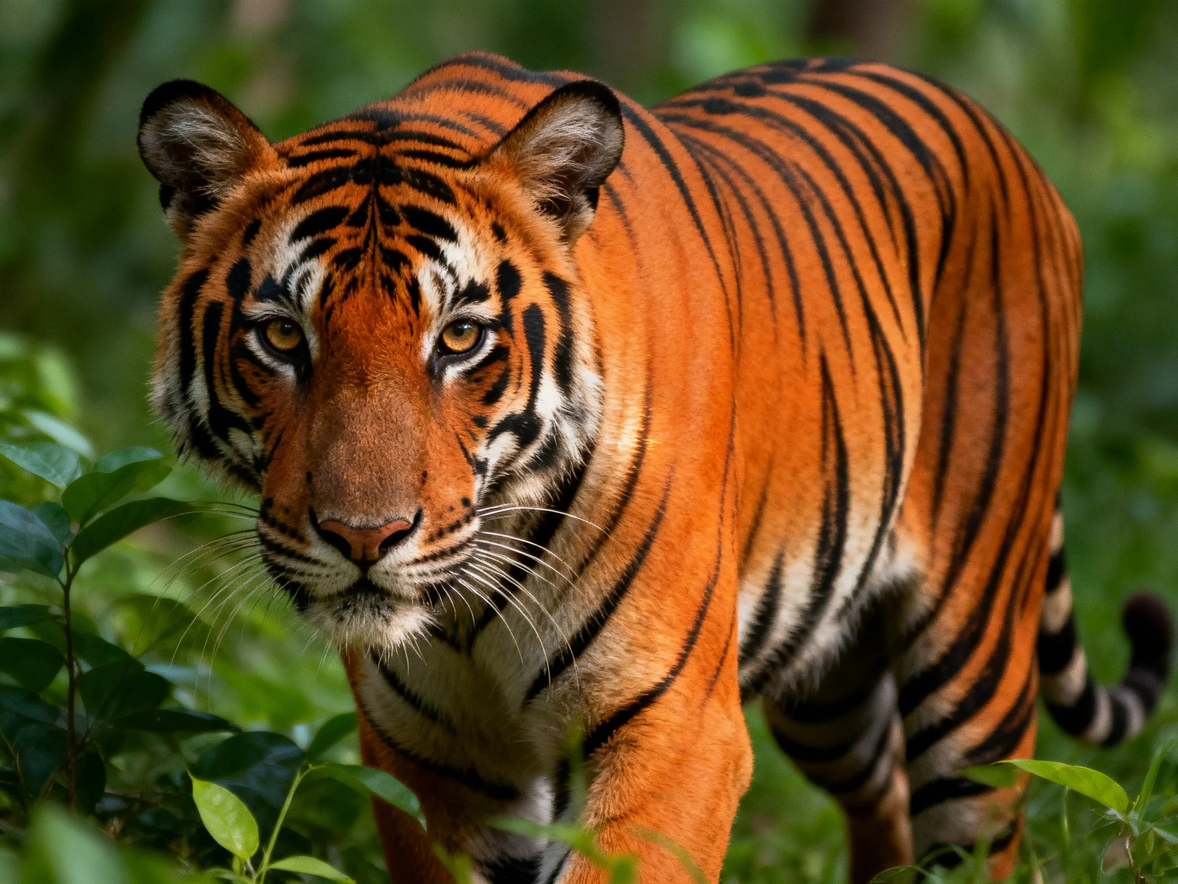 A vibrant orange tiger with bold black stripes in lush greenery