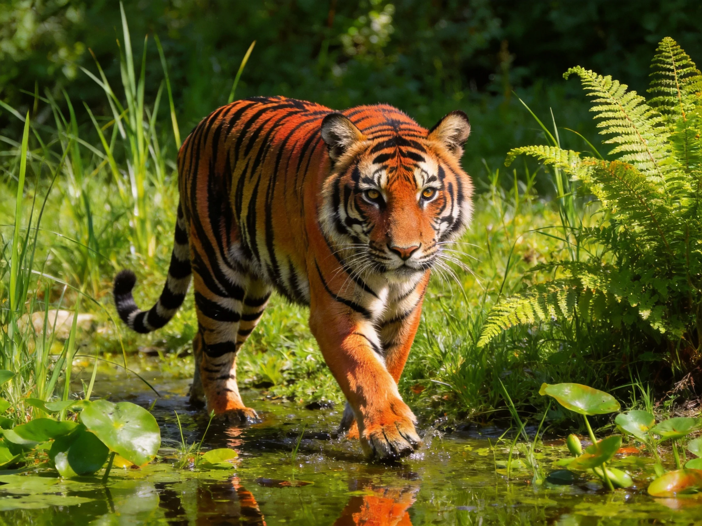 A vibrant orange tiger with bold black stripes moves through shallow water amid lush greenery