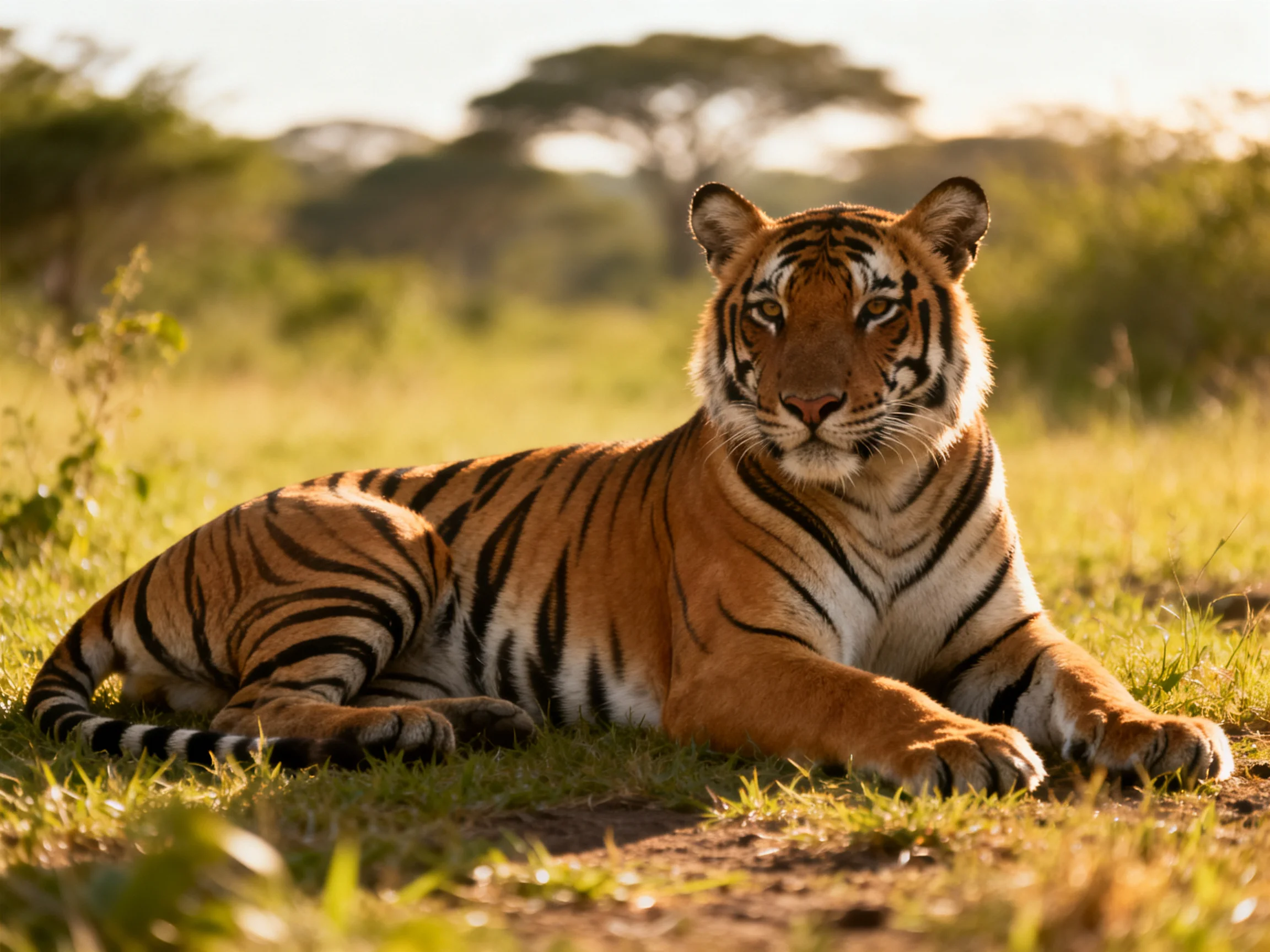 An orange tiger with black stripes relaxes in sunlit grass.