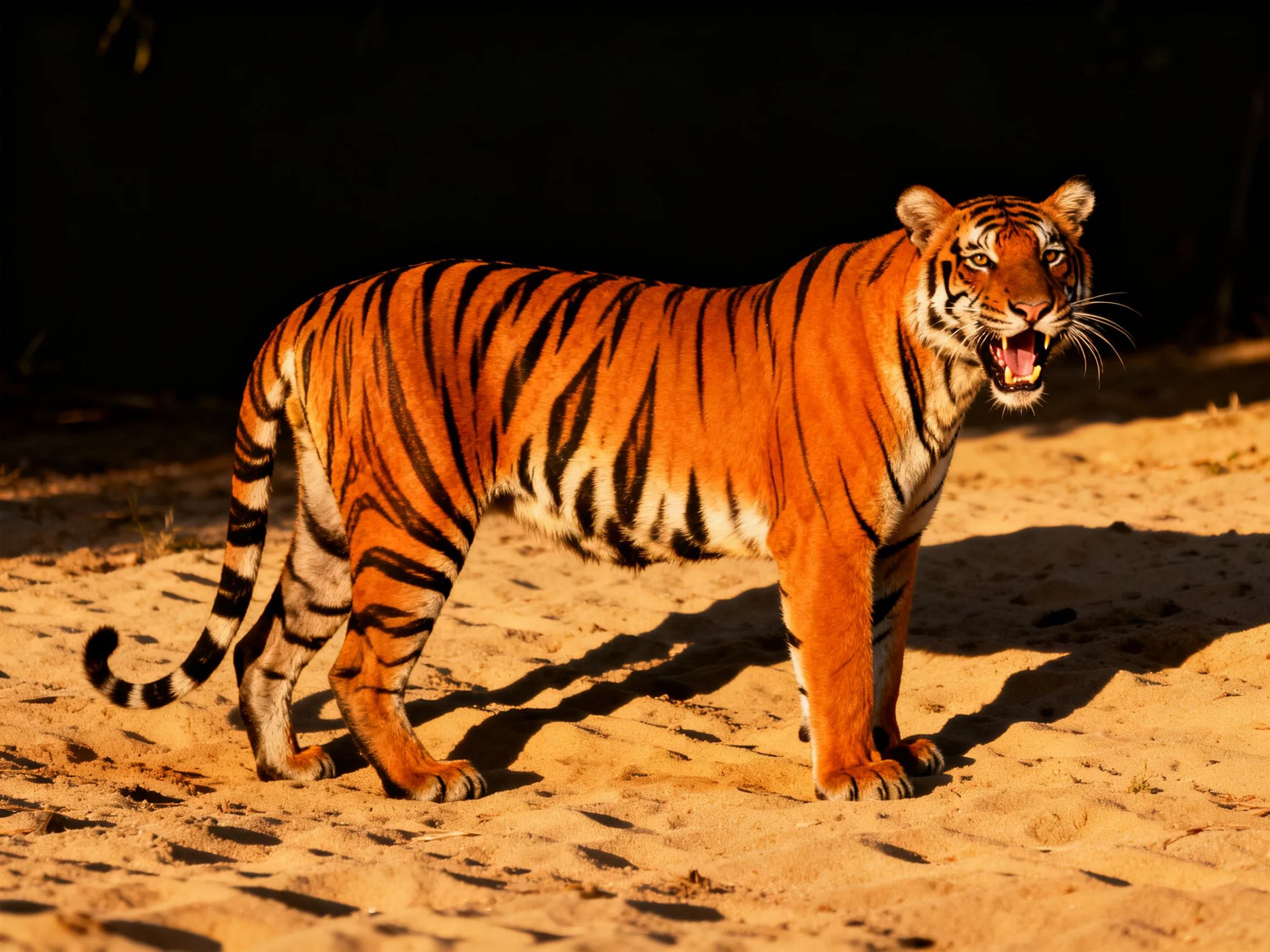 An orange tiger with distinct black stripes stands on sandy ground.