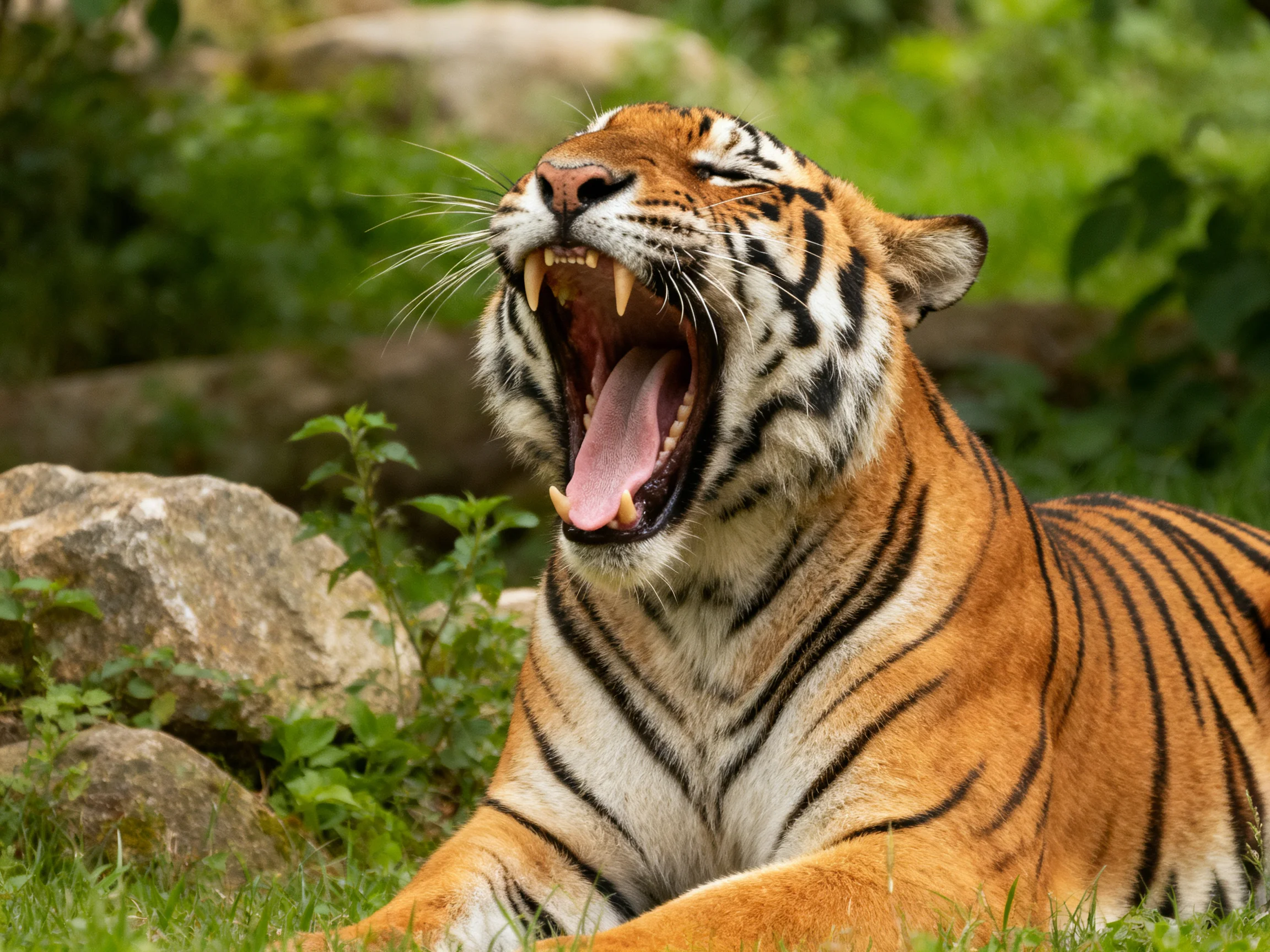 A vibrant orange tiger yawns amid lush greenery and weathered rocks