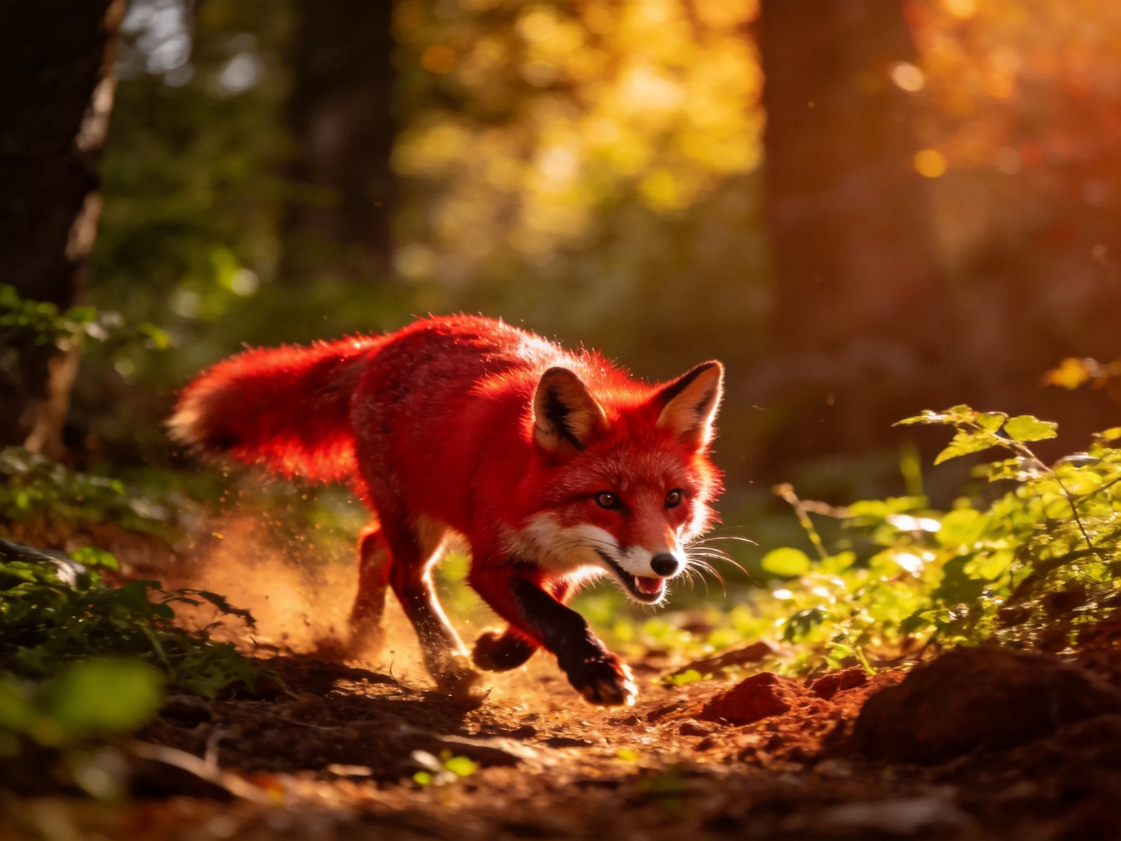 A vibrant red fox dashes along a sun-dappled forest trail