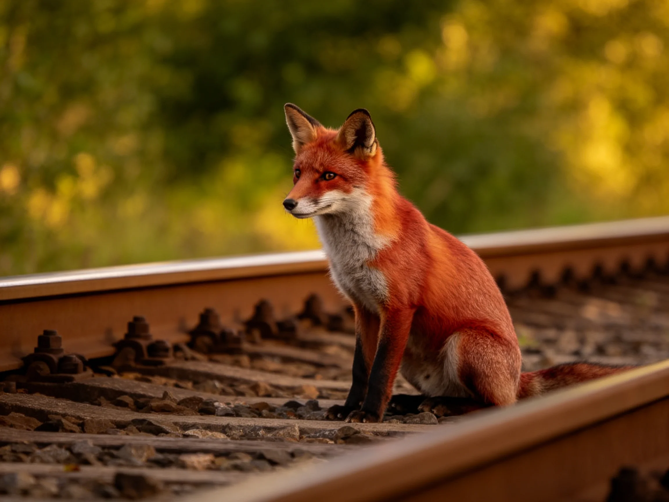 A red fox sits calmly on railroad tracks surrounded by green foliage.
