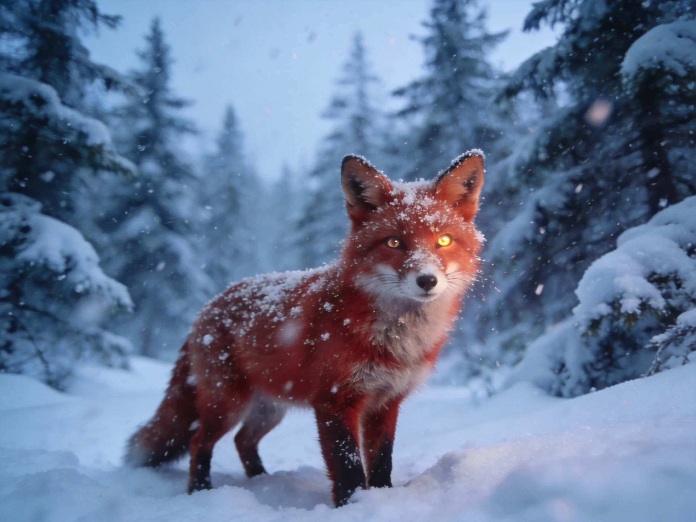 A vibrant red fox stands amid snow-laden evergreen trees
