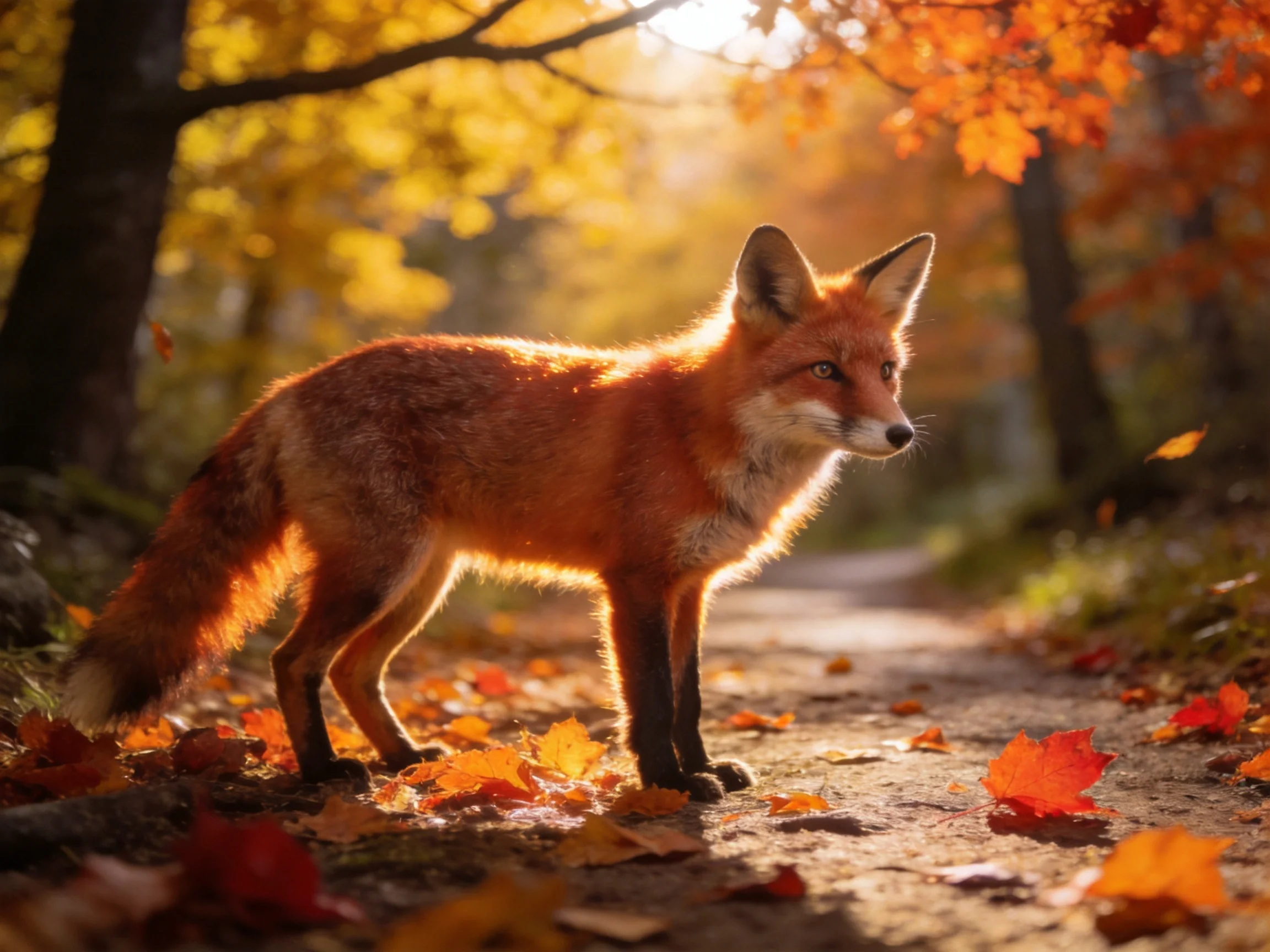 A vibrant red fox stands among golden autumn foliage on a leaf-strewn path