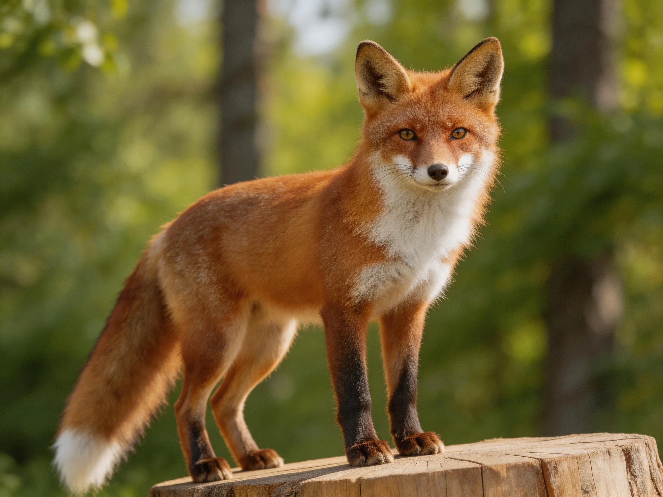 A red fox stands on a wooden stump in a sunlit forest.