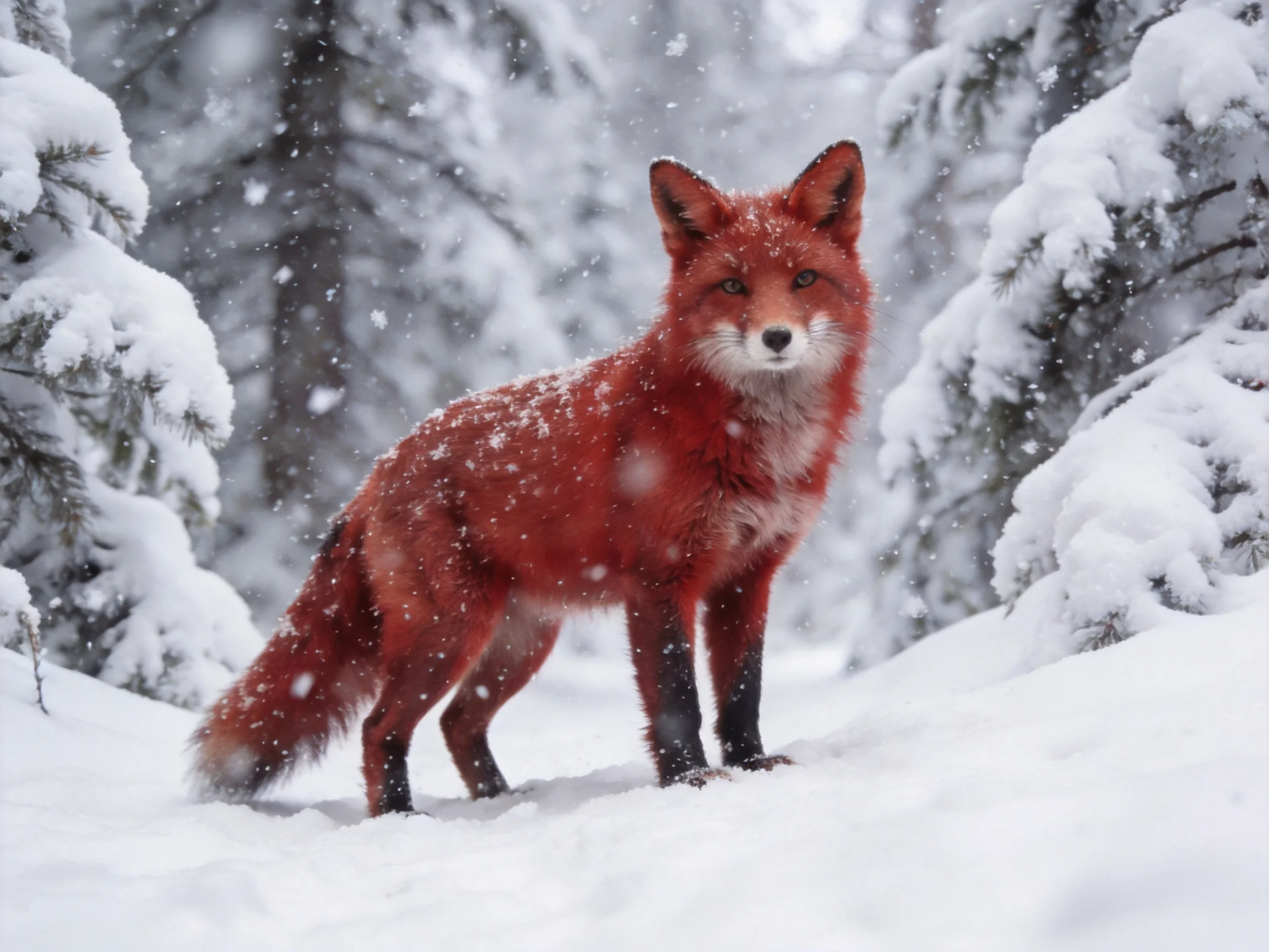 A vibrant red fox stands in a snowy forest during heavy snowfall