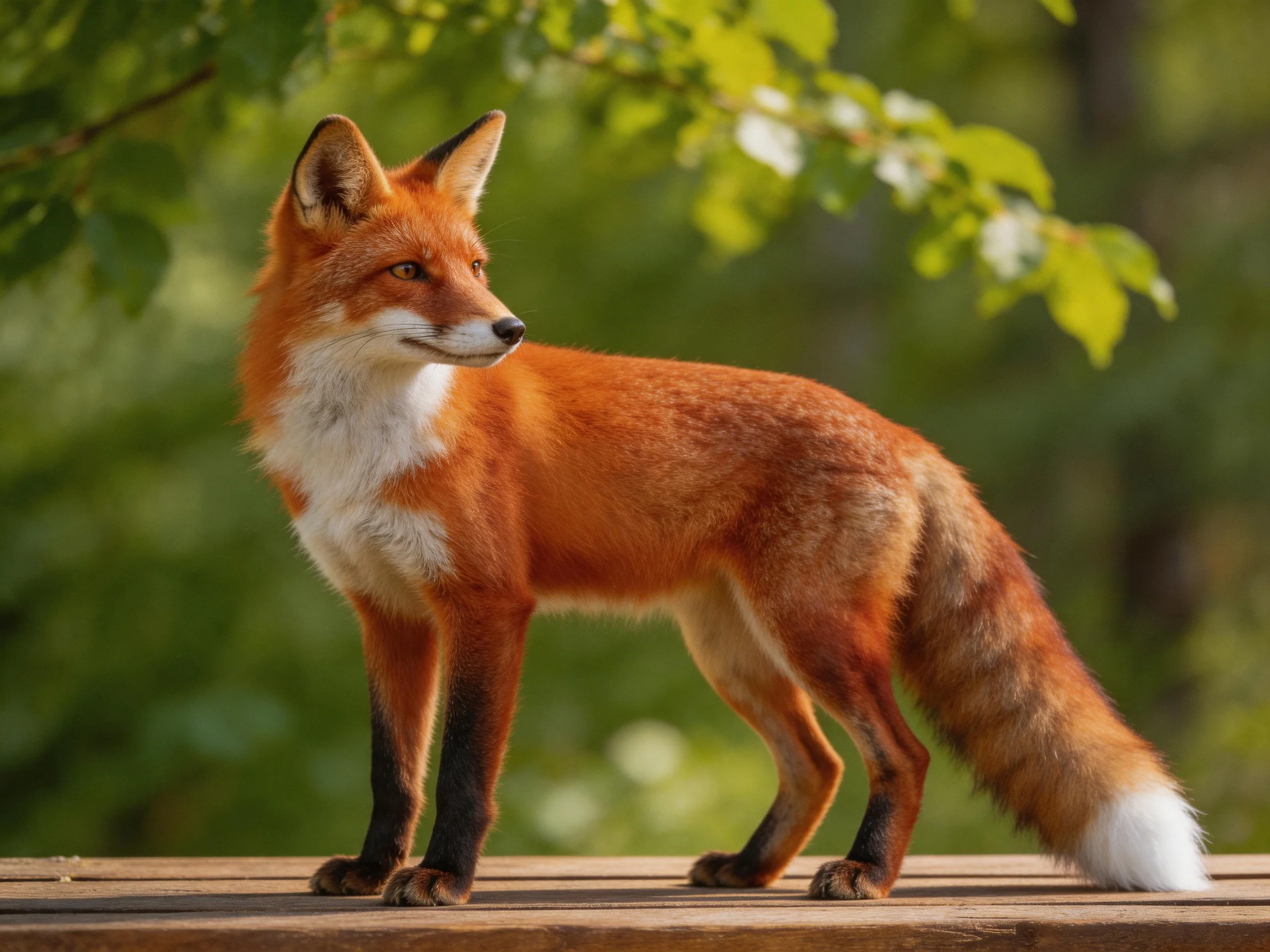 A red fox stands on a wooden platform with green foliage in the background.