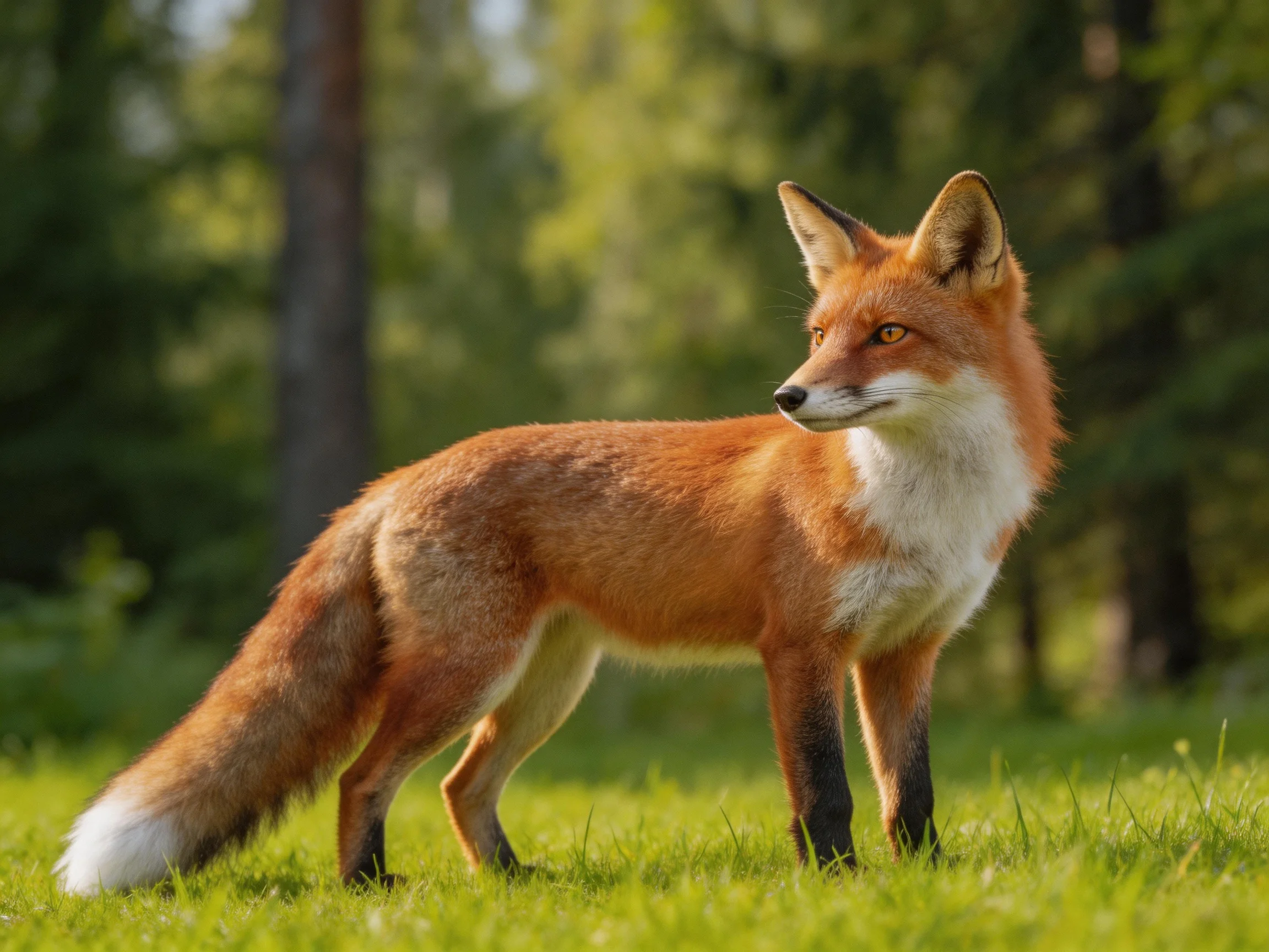 A vibrant red fox stands on lush green grass near a forest