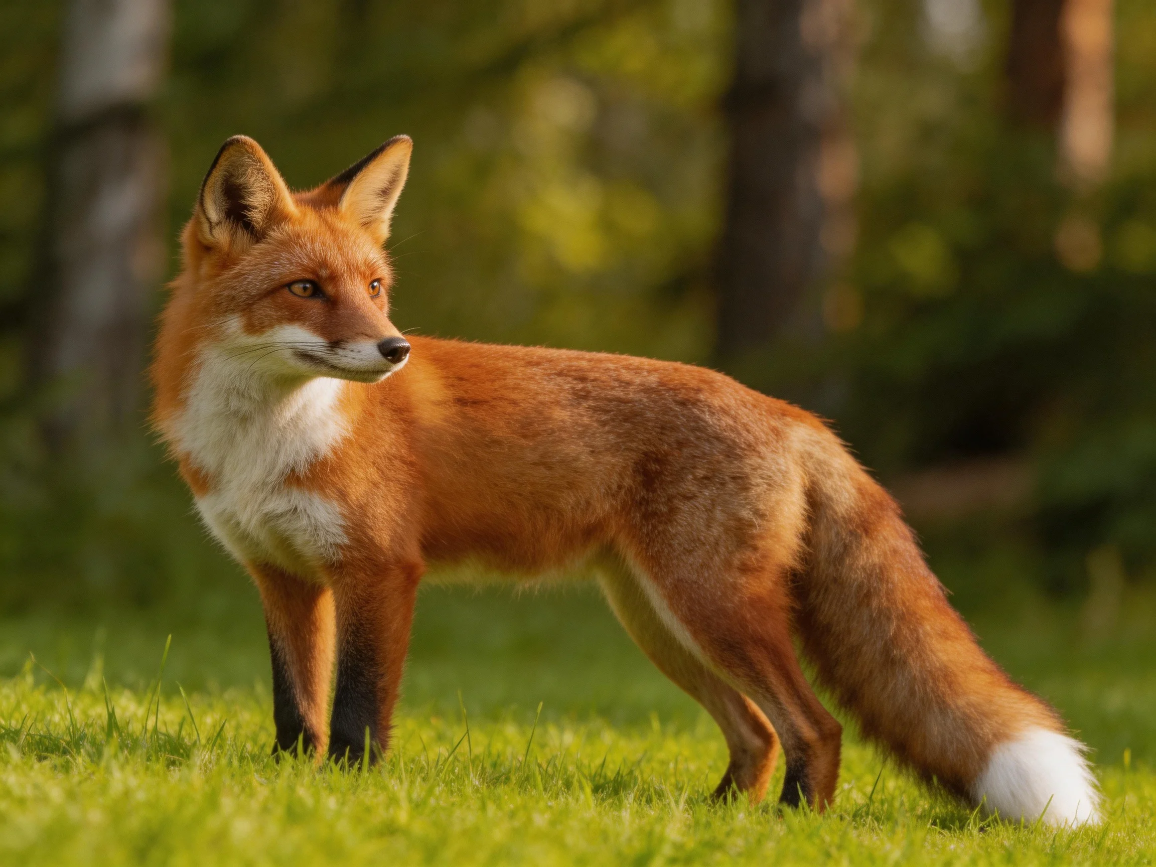 A vibrant red fox stands on lush green grass near a forest