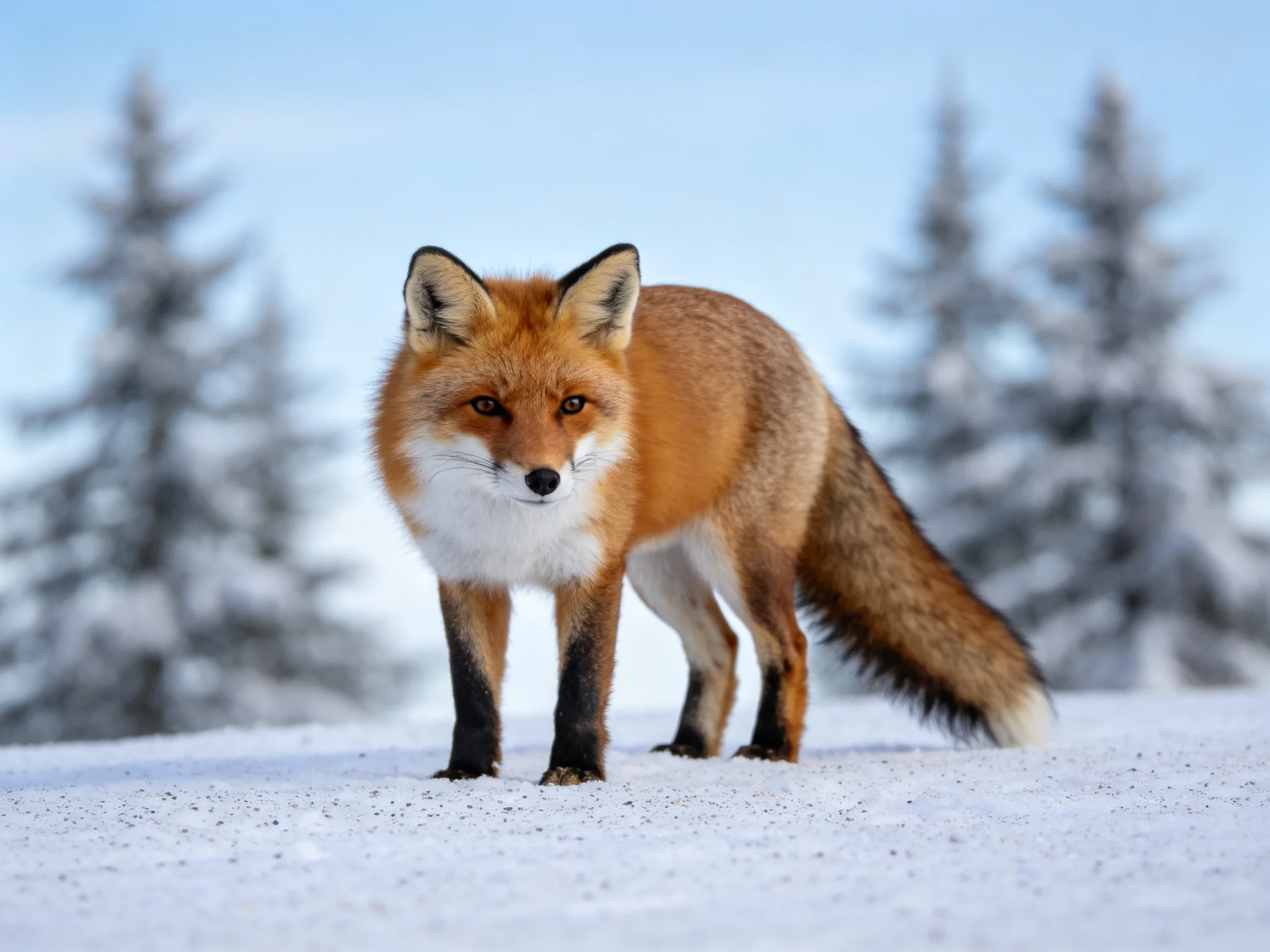 A vibrant red fox stands on snow near frosty evergreen trees