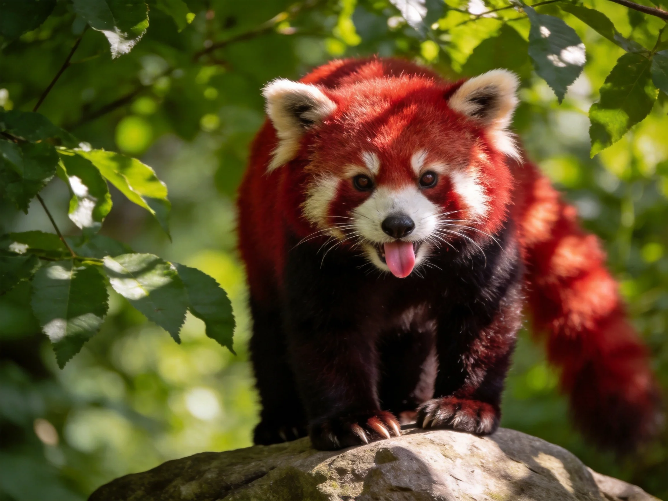 A red panda stands on a rock surrounded by greenery in a sunlit setting.