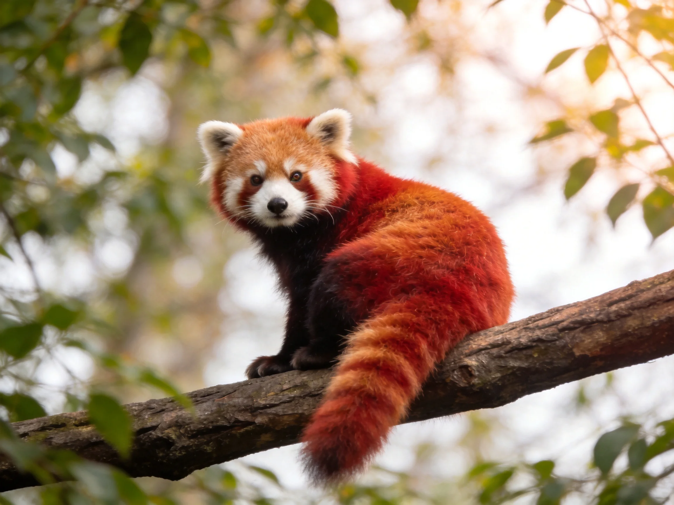 A red panda sits calmly on a tree branch surrounded by green leaves.