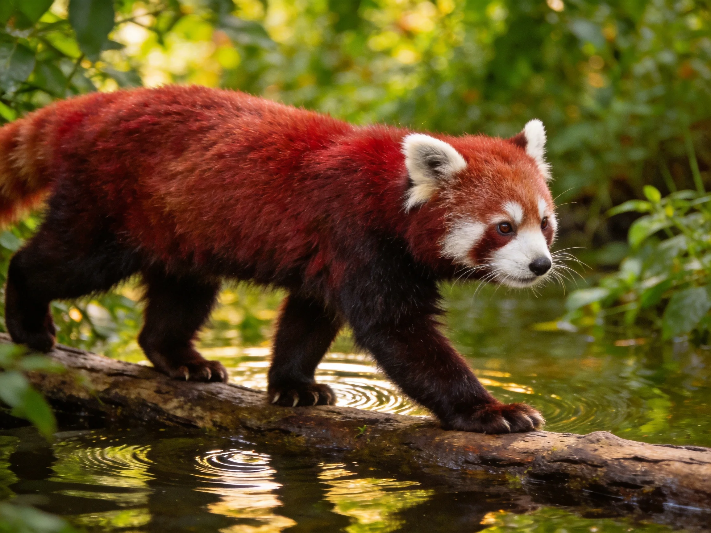 A vibrant red panda walks on a wet log over water amidst lush greenery