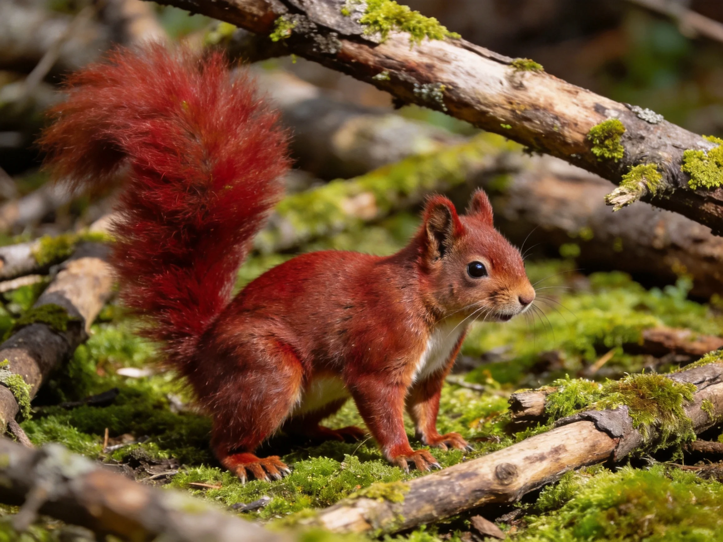 A red squirrel is near mossy wooden debris outdoors.