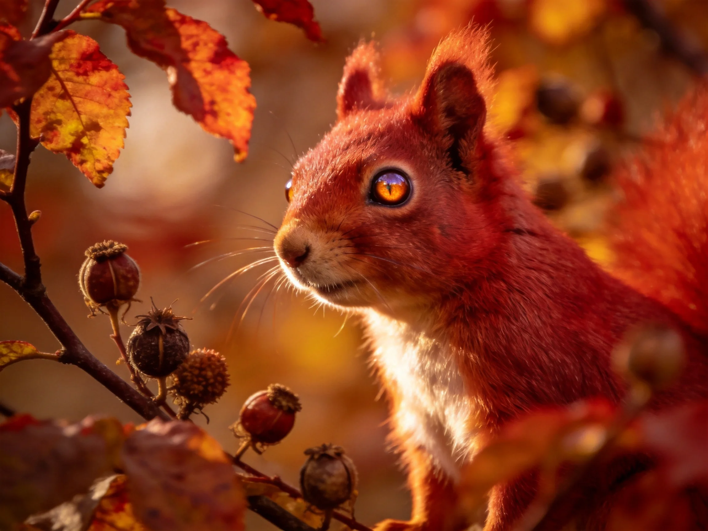 A vibrant red squirrel amidst autumn leaves and berries