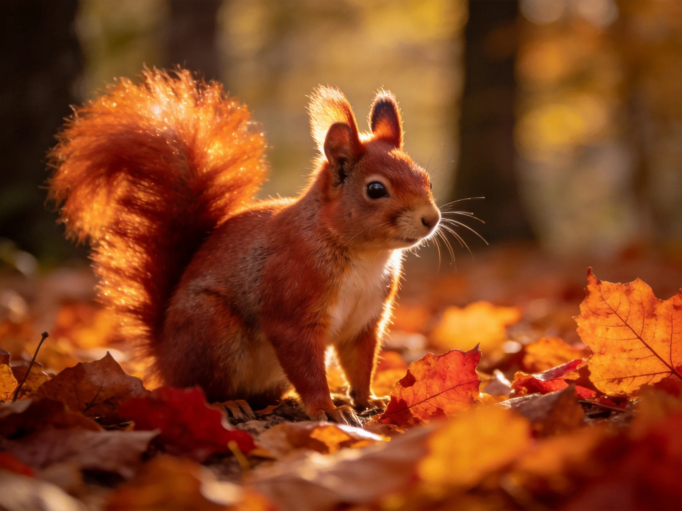 A vibrant red squirrel amidst golden autumn leaves in a sunlit forest