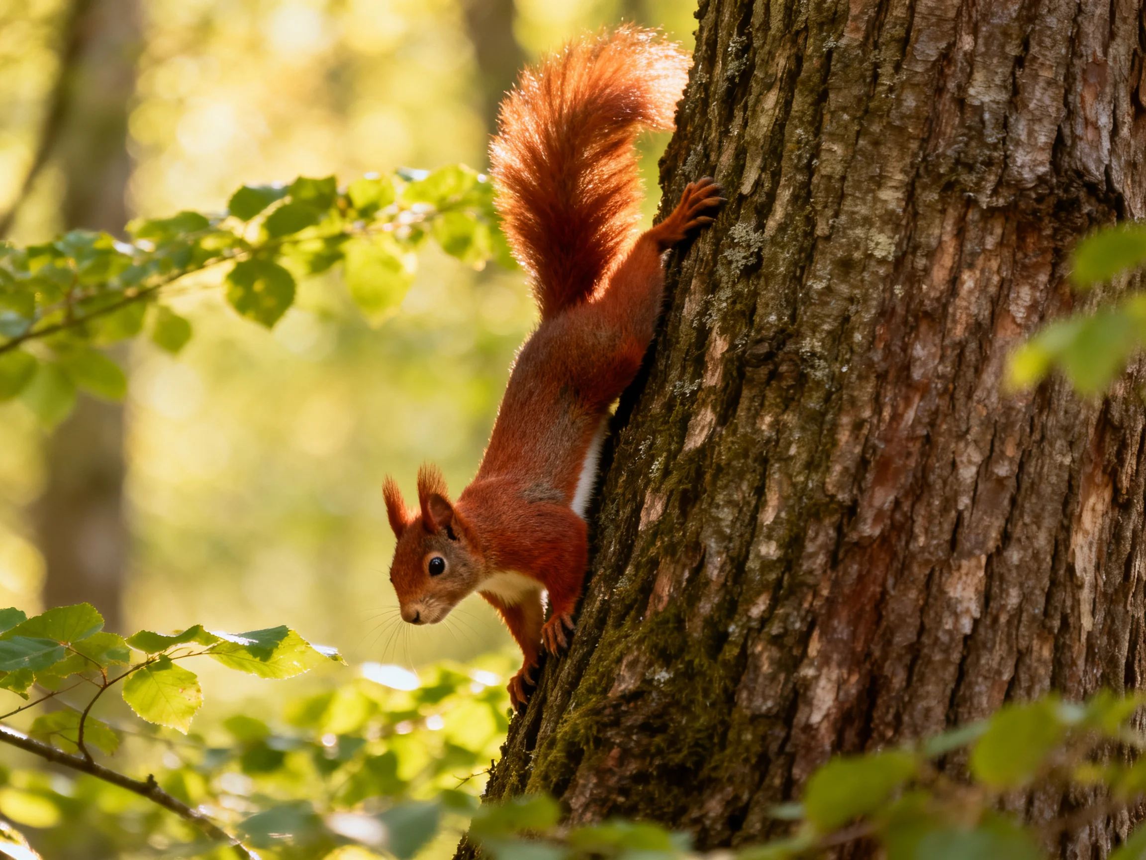 A vibrant red squirrel climbing a moss-covered tree trunk