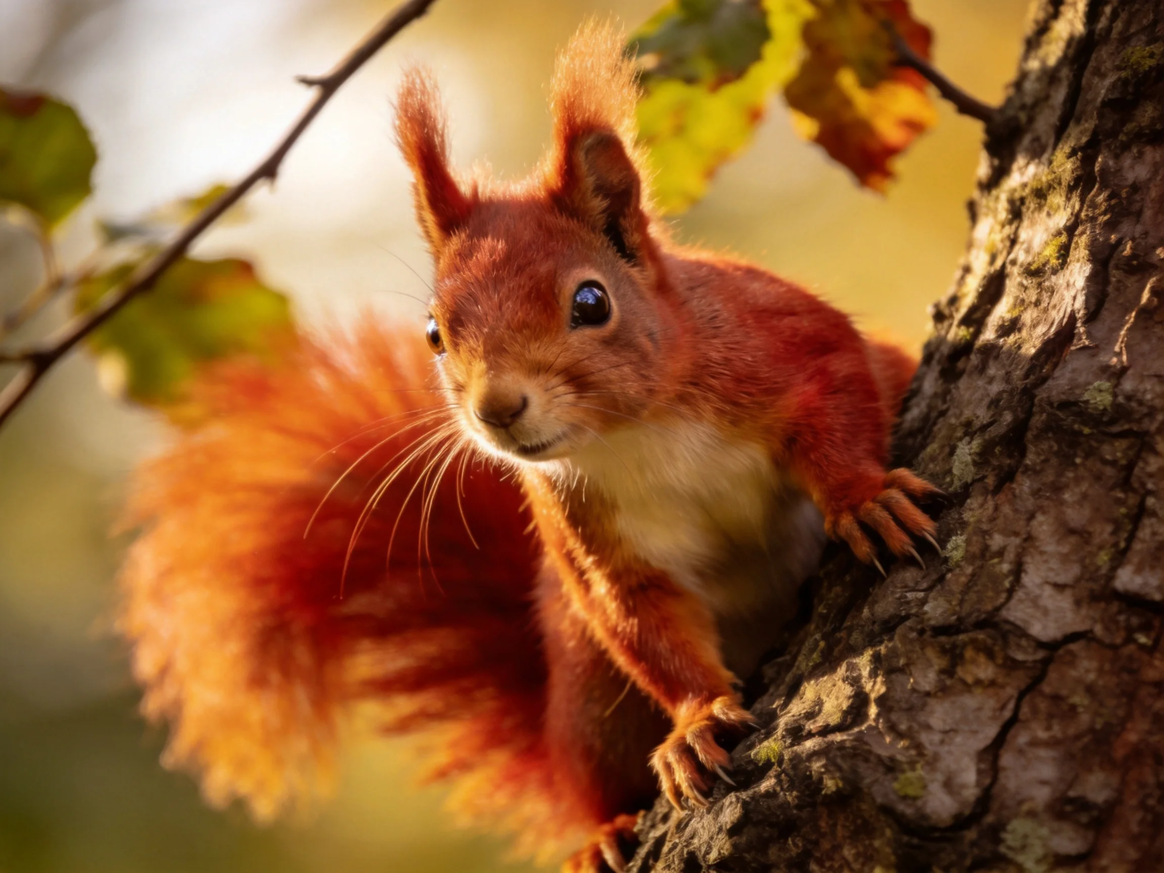 A vibrant red squirrel clinging to a gnarled tree trunk