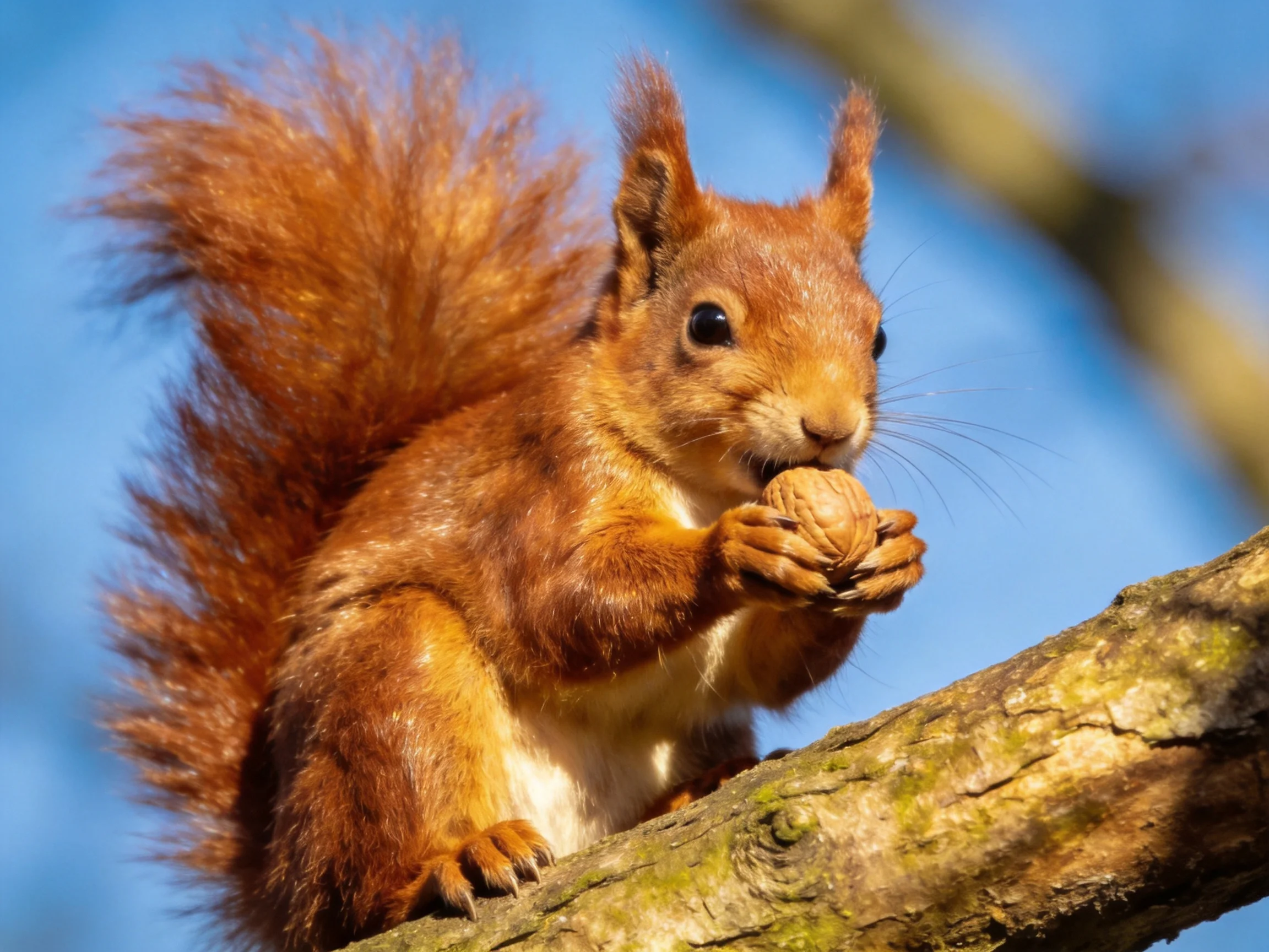 A red squirrel holds a nut while perched on a tree branch.