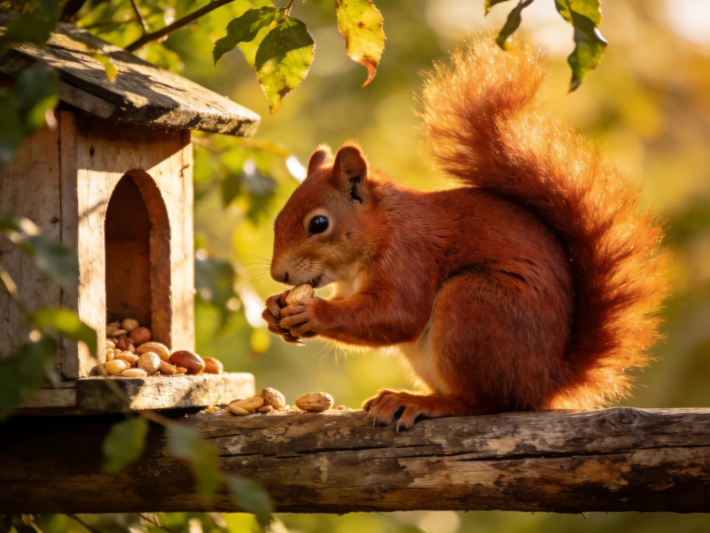 A vibrant red squirrel feeds near a wooden bird feeder
