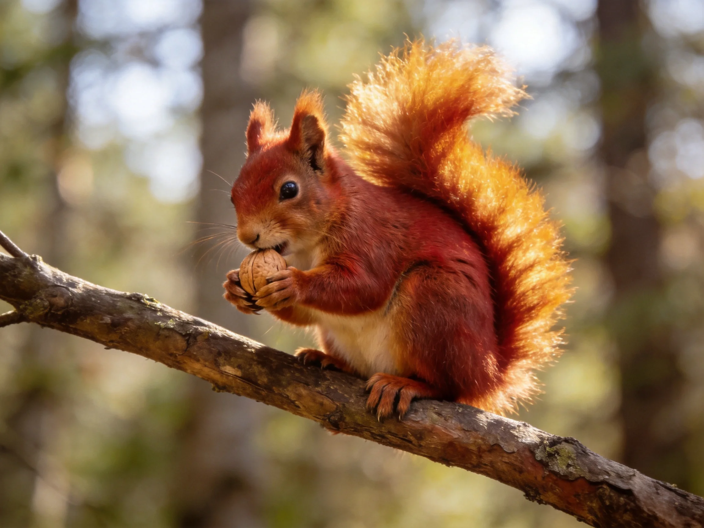 A vibrant red squirrel holds a nut on a sun-dappled tree branch