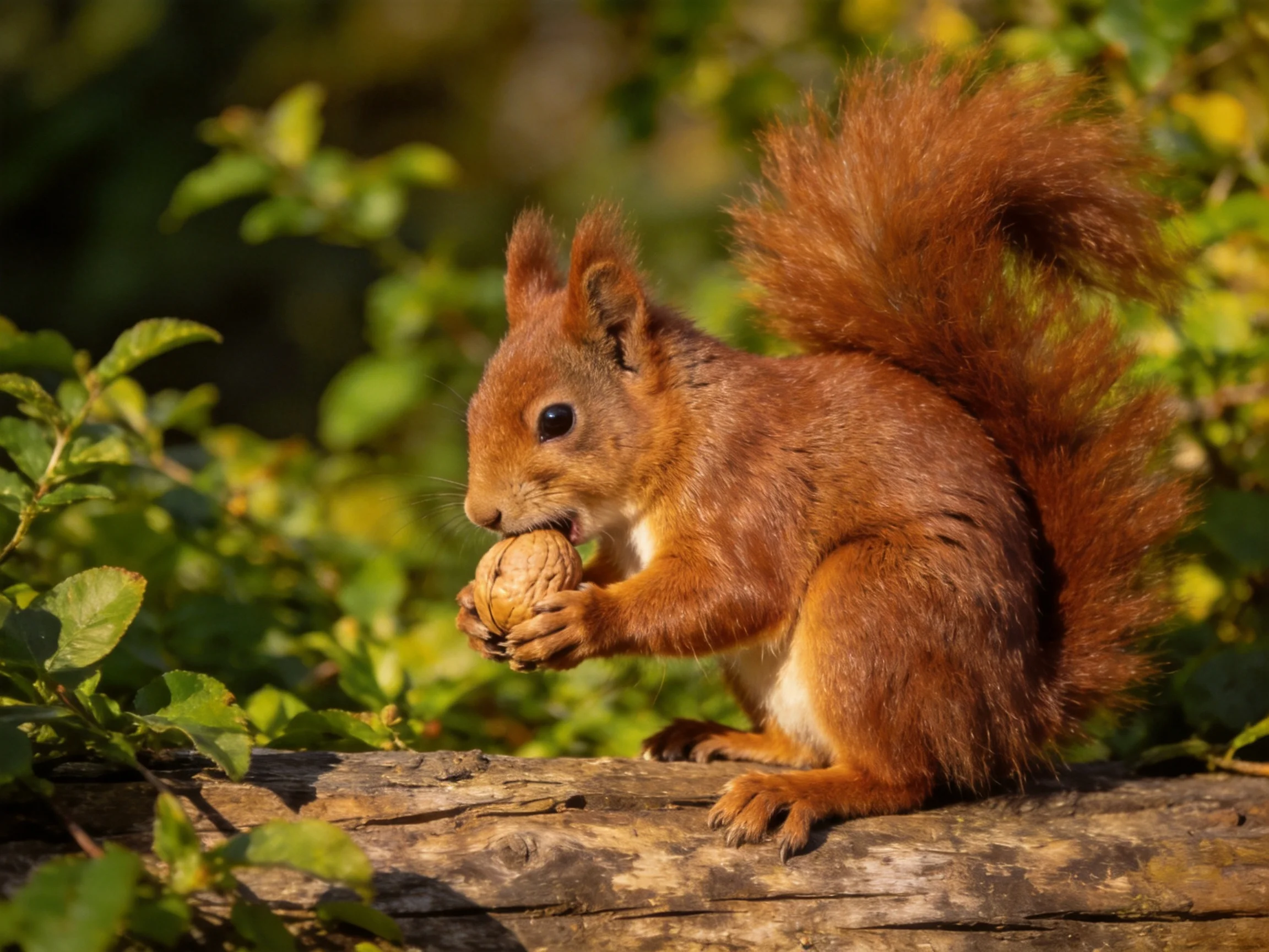 A vibrant red squirrel holds a walnut on a weathered wooden log