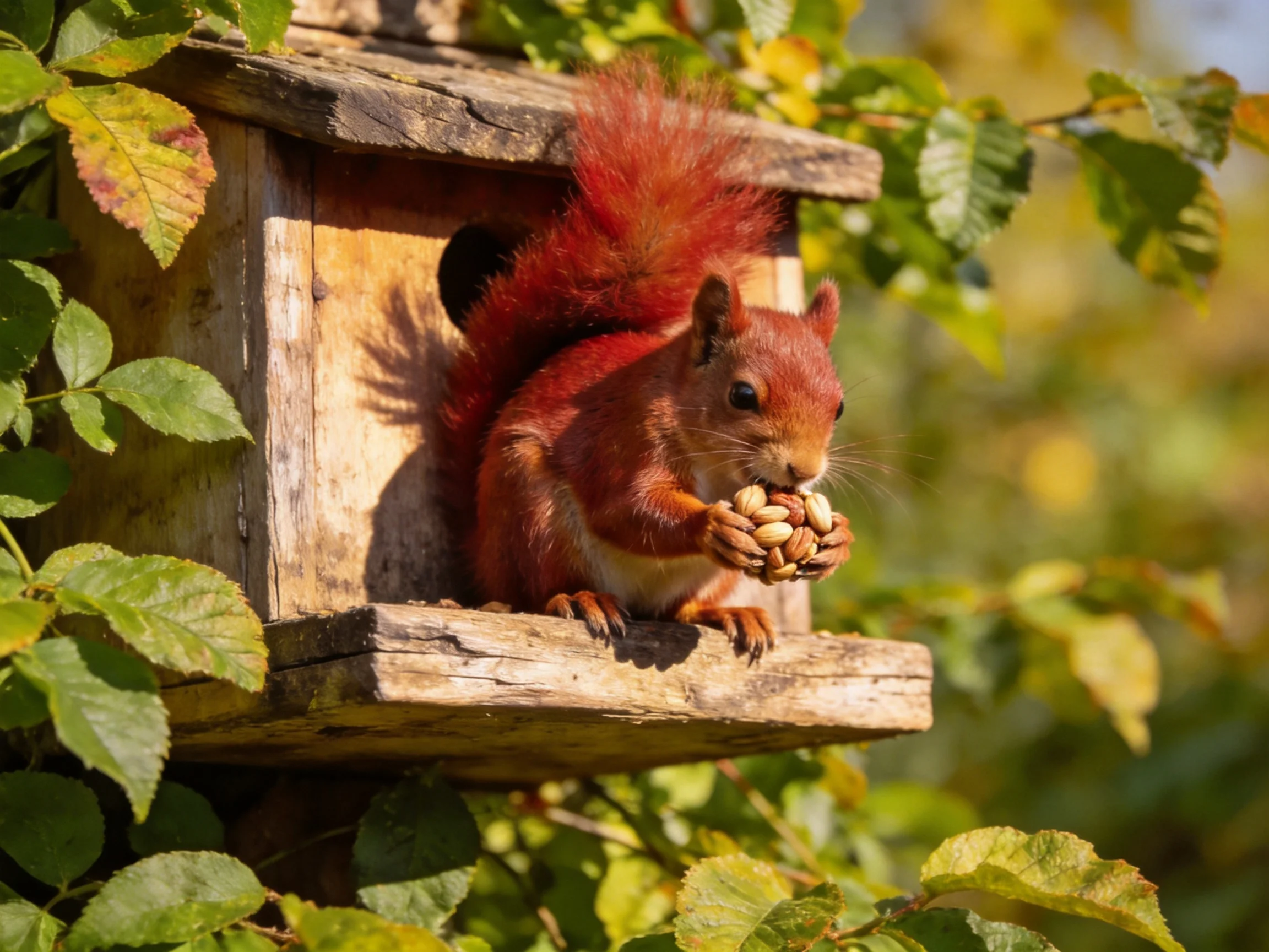 A red squirrel eats seeds from a wooden birdhouse amid greenery.