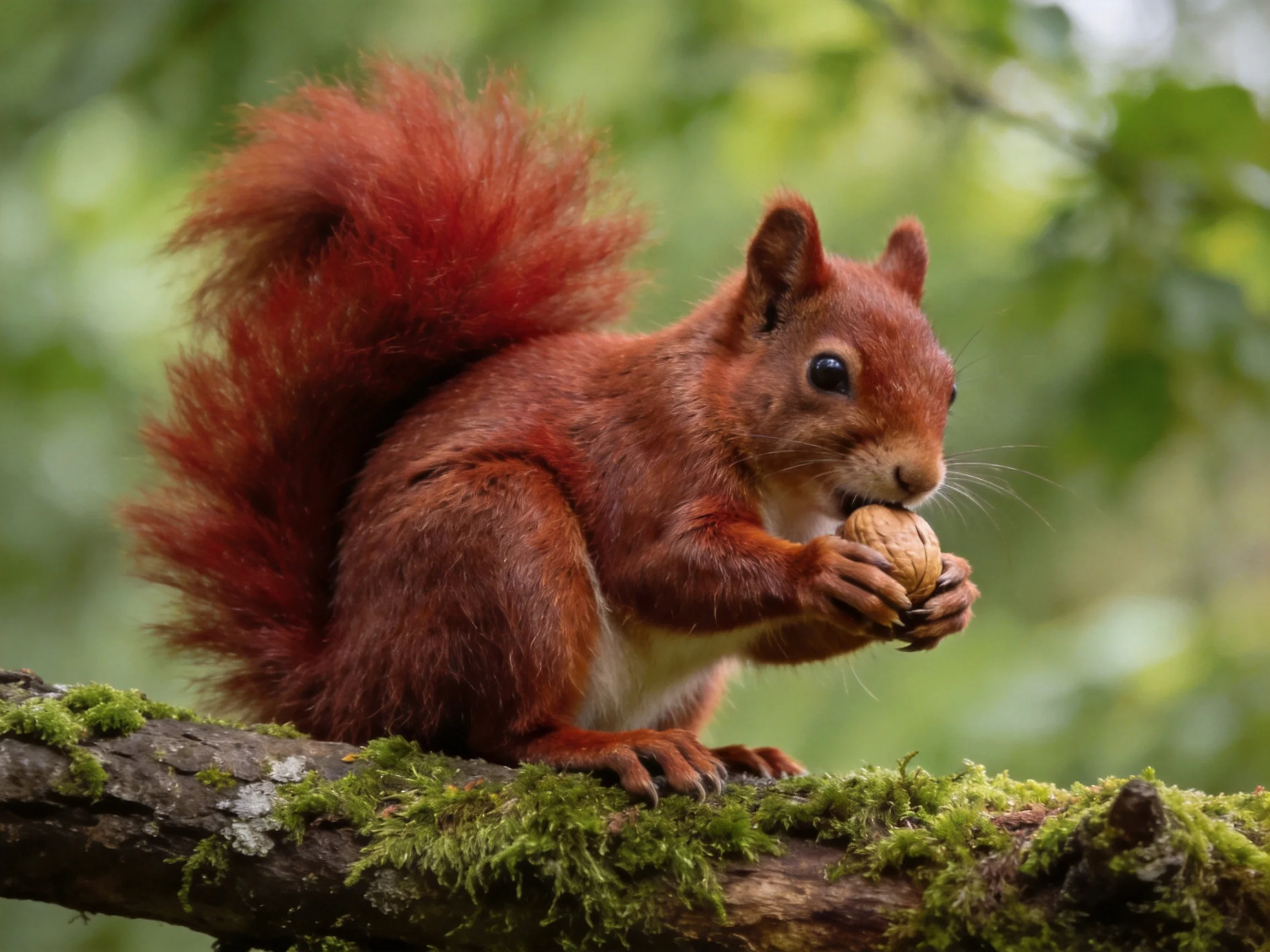 A vibrant red squirrel nibbles a nut atop a moss-covered branch
