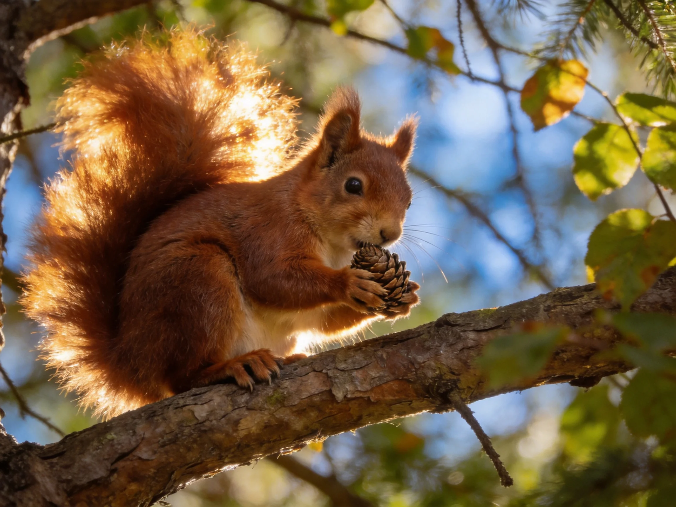 A vibrant red squirrel nibbles a pinecone on a sunlit tree branch